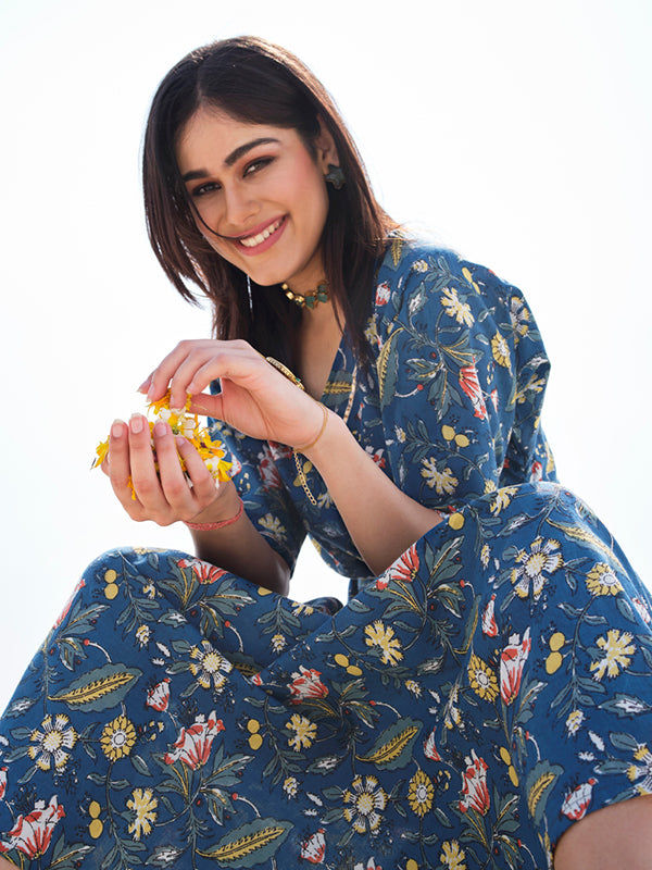 Blue Cotton Printed Midi Dress