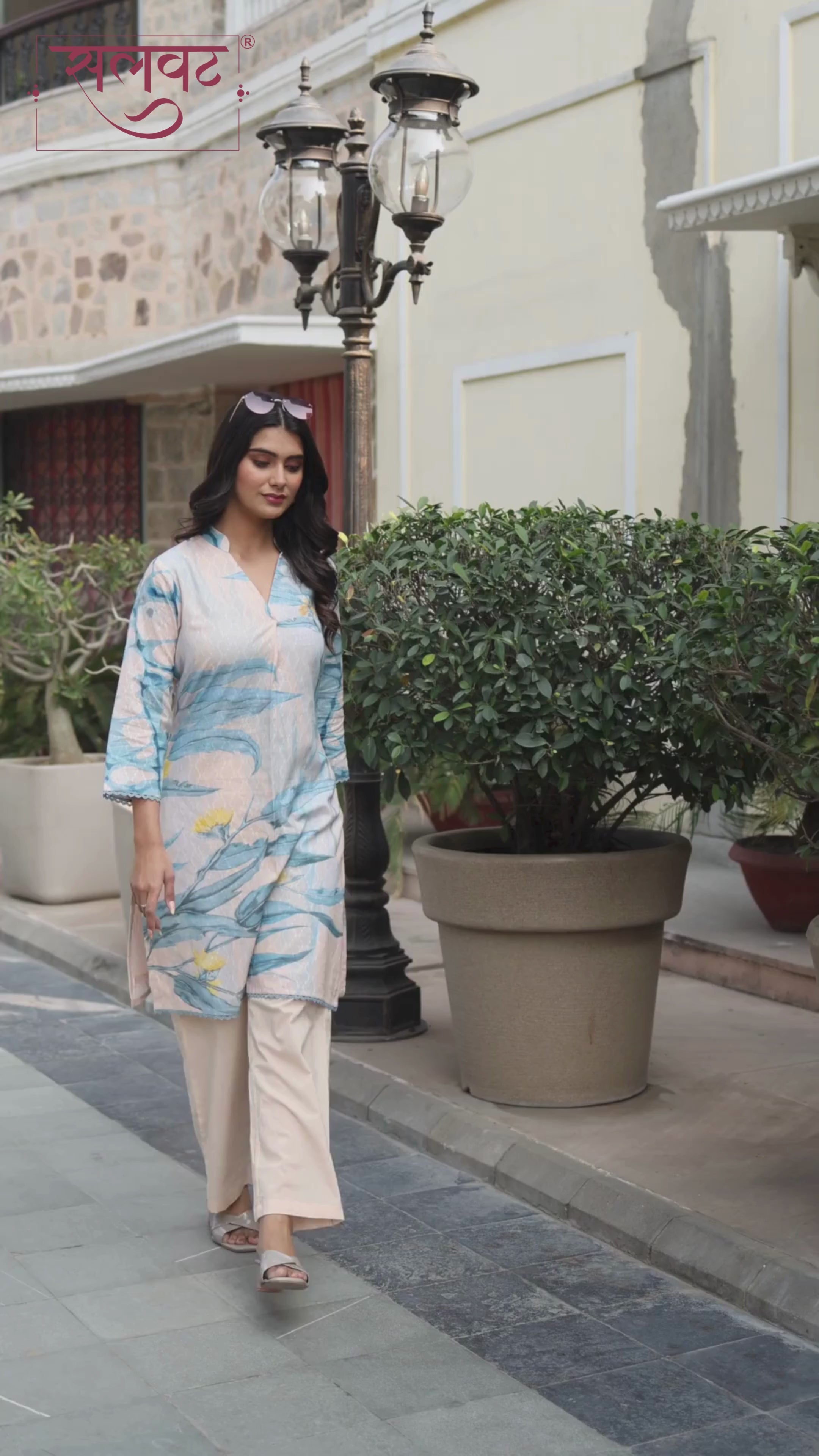 Cream & Light Blue Printed Kurta Set