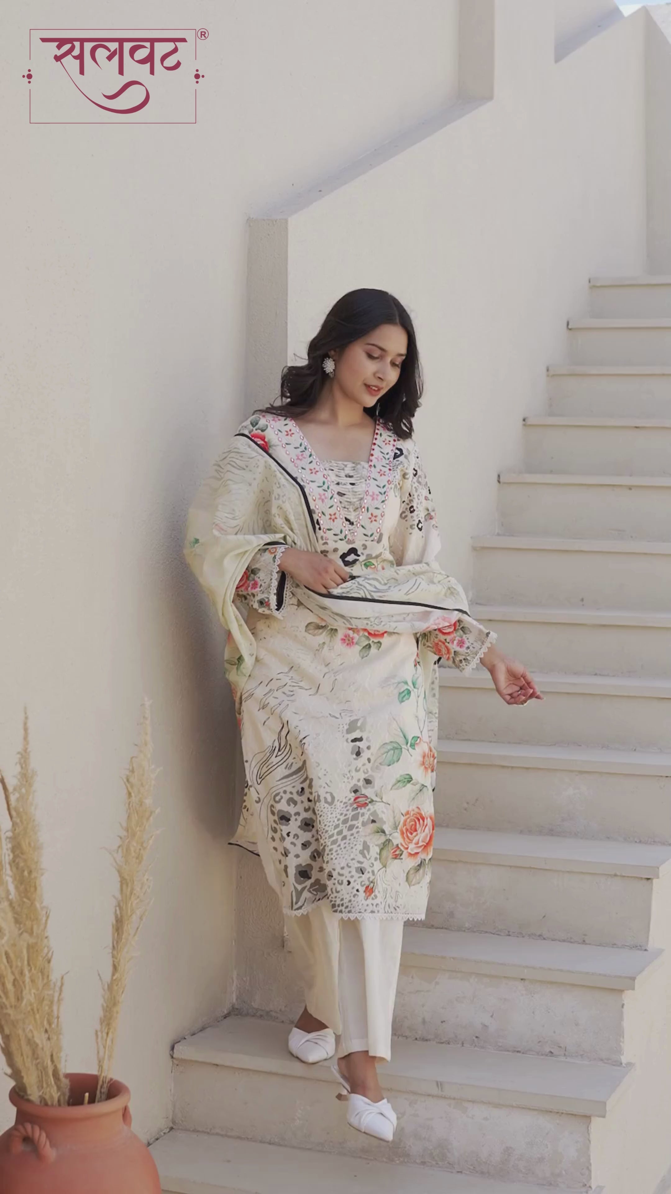 Cream Floral Printed Handwork Kurta Set With Printed Dupatta
