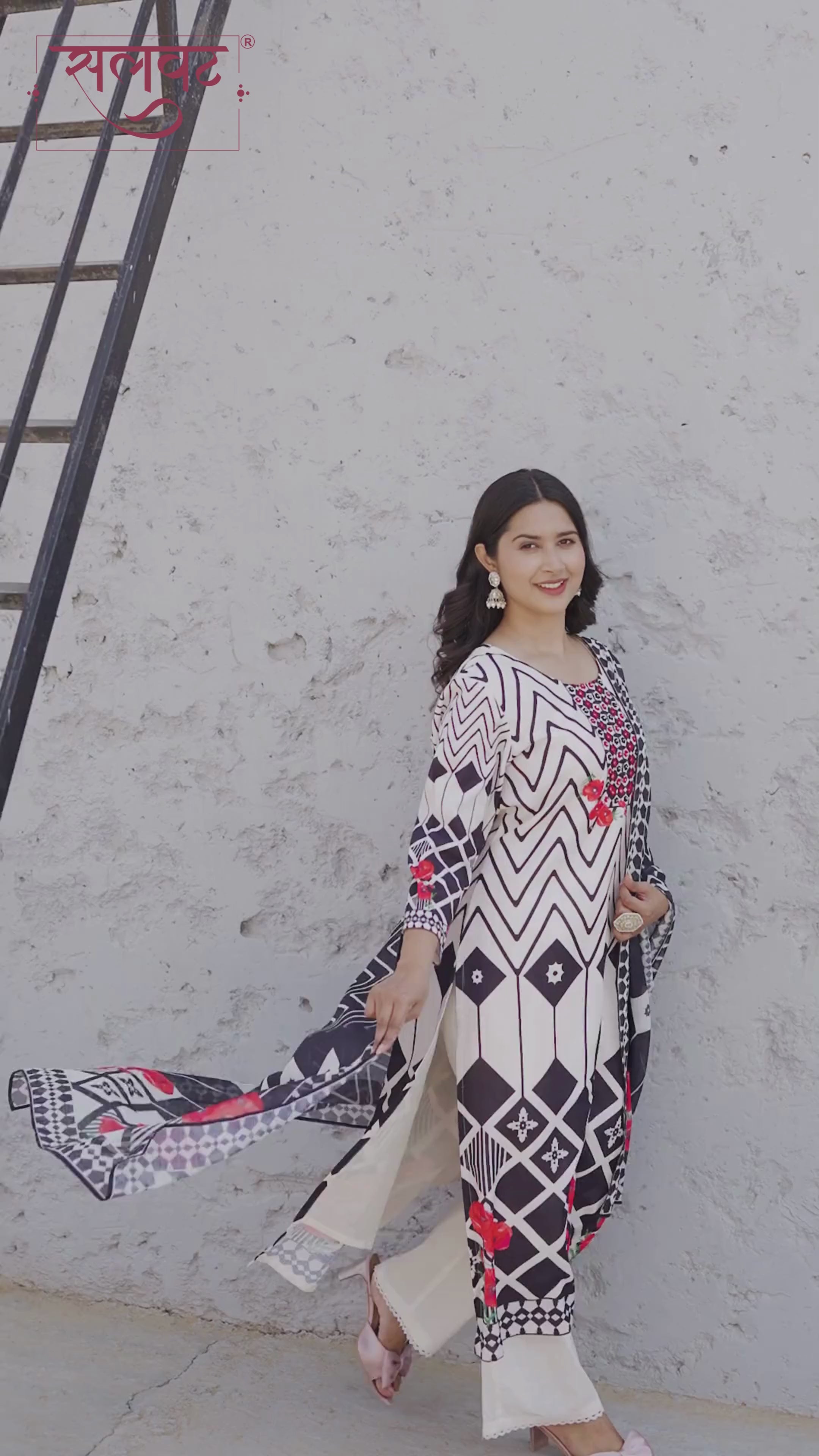 Light Cream & Black Heavy Handwork Kurta Set With Printed Dupatta