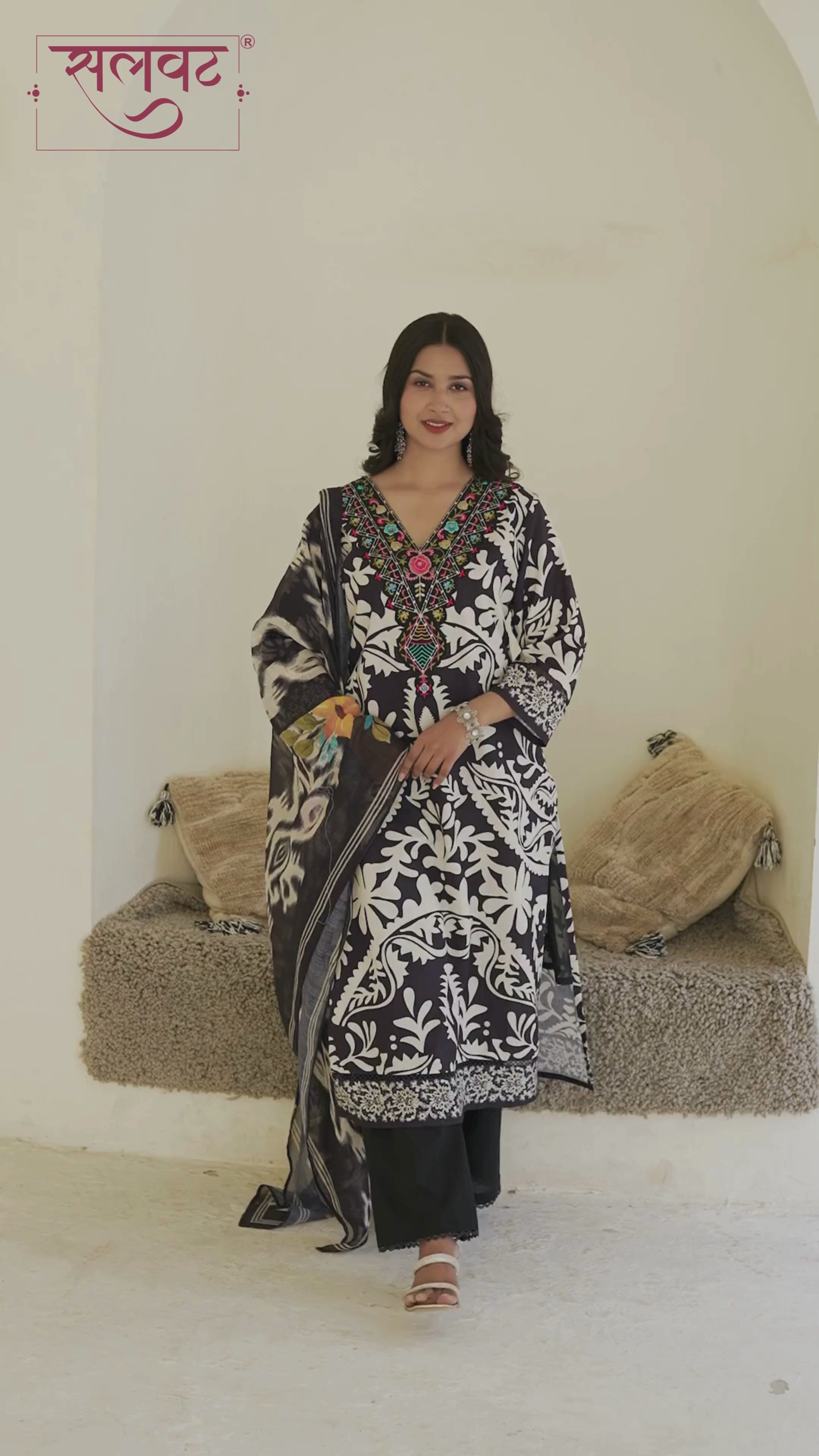 Black & White With Multicolour Embroidered Handwork Kurta Set With Printed Dupatta