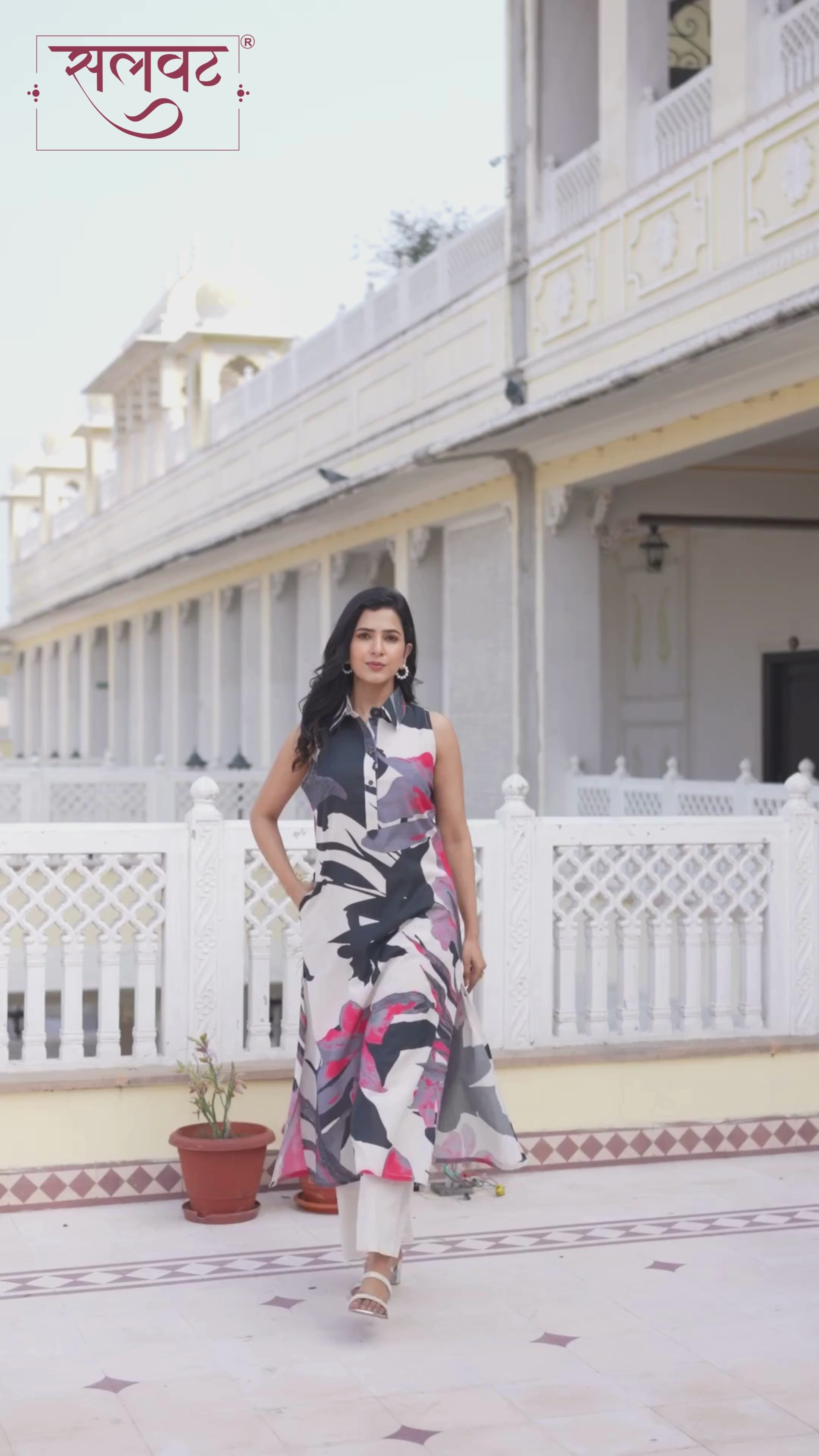 Slate Grey & Cream Abstract Pink Flowers Printed Kurta Set