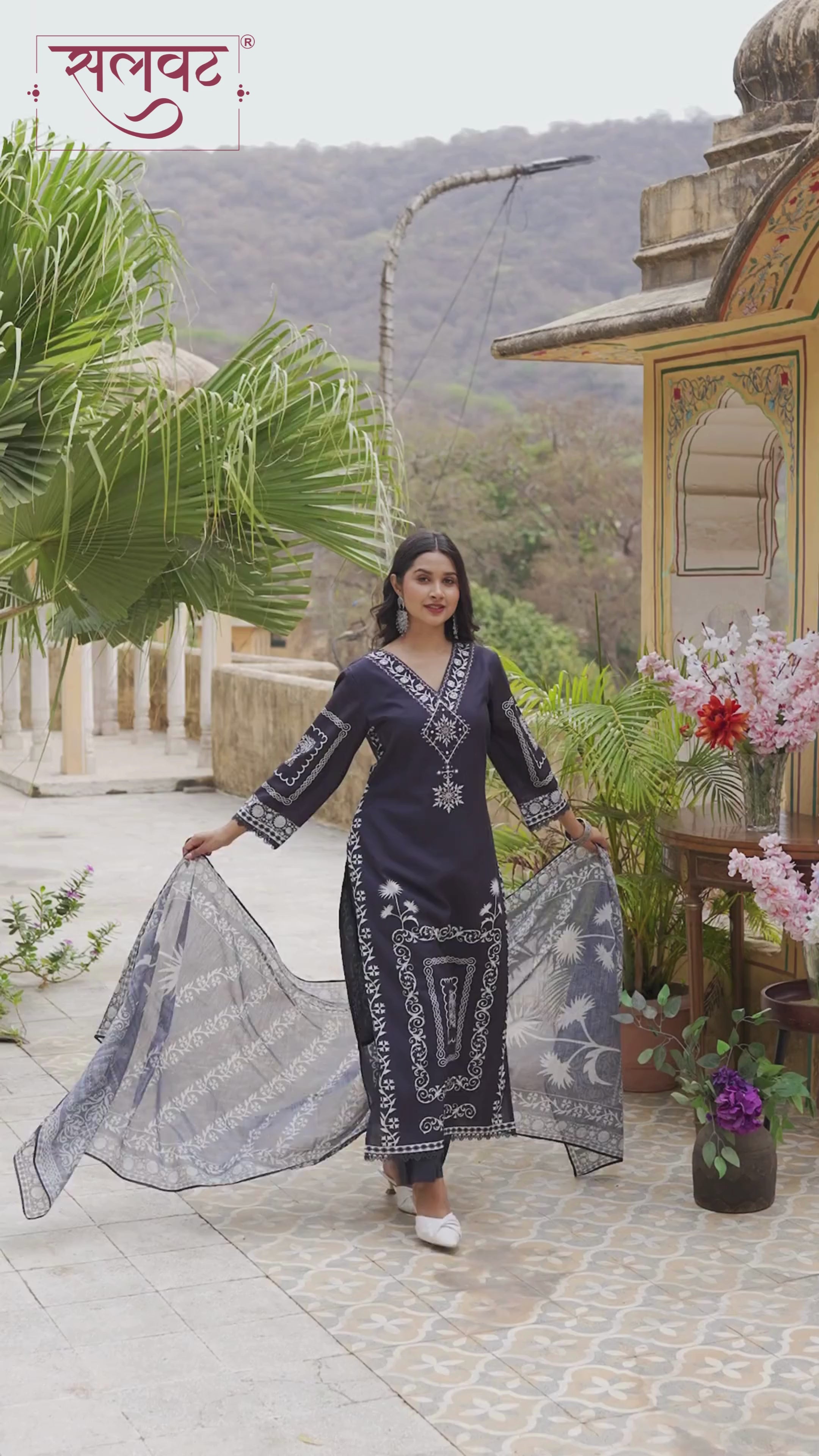 Charcoal Black & Cream Heavy Hnadwork Kurta Set With Printed Dupatta