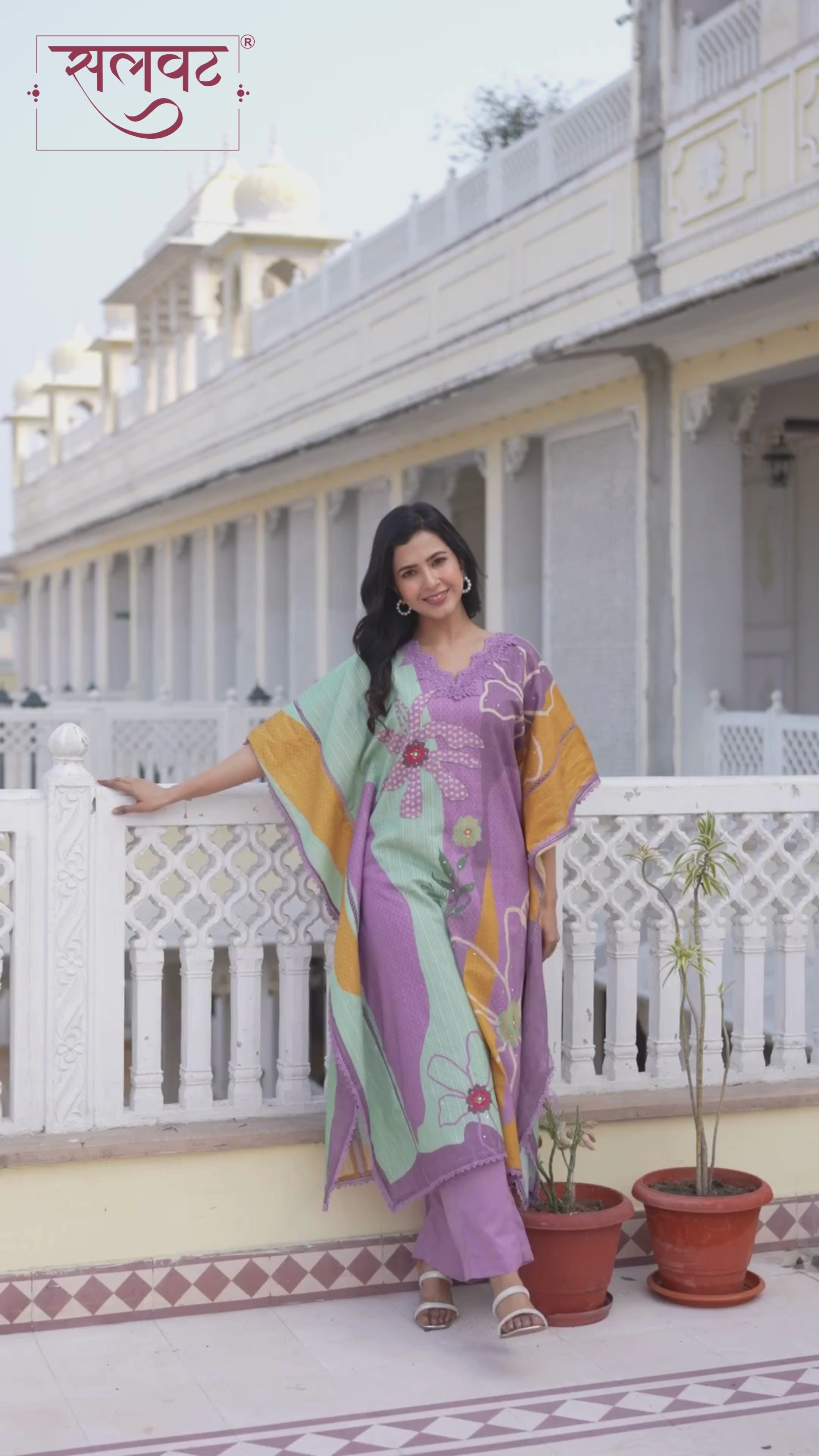 Lilac Abstract Printed Sequins Embellished Kaftan Set