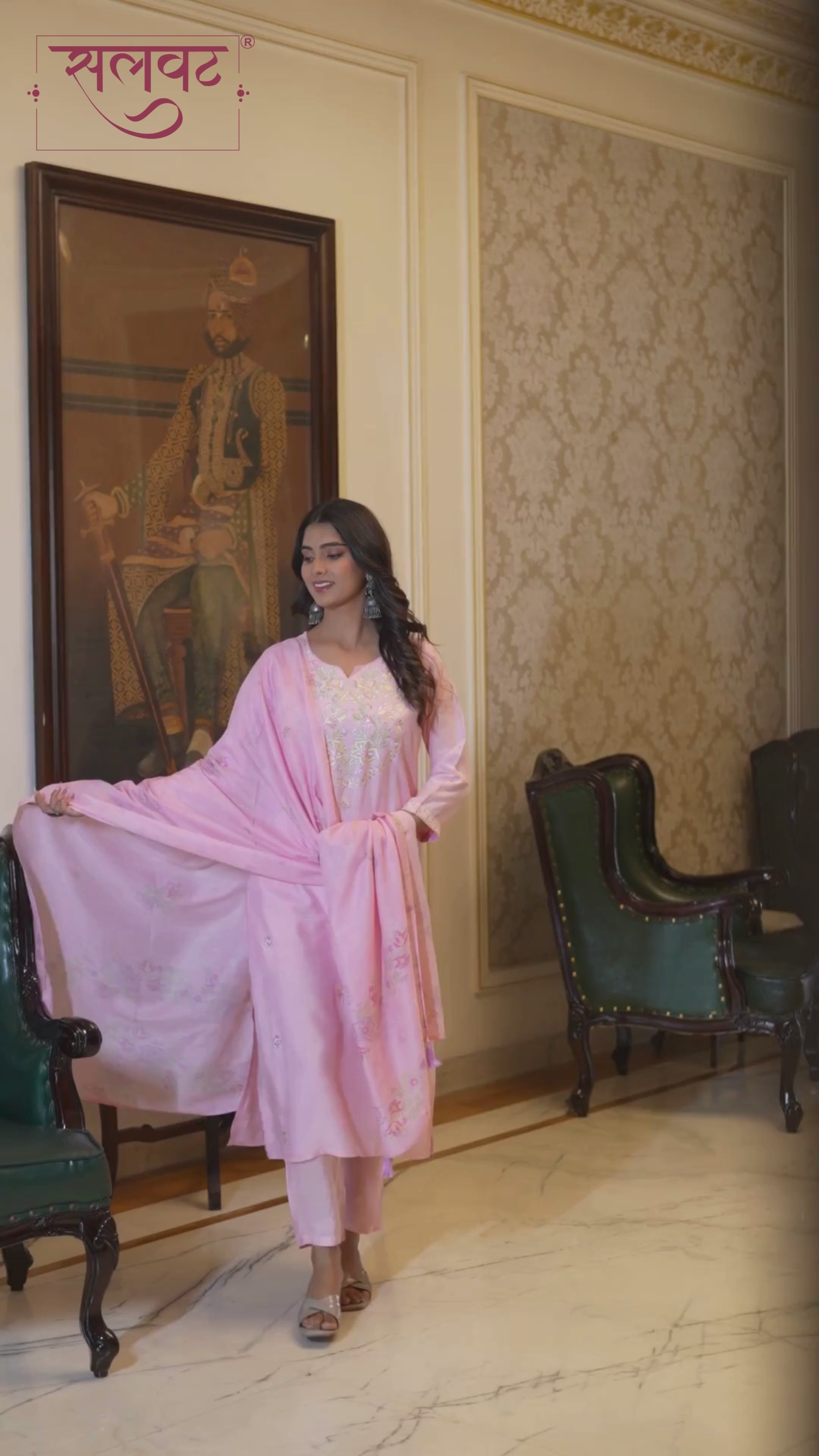 Rose Quartz Embroidered Kurta Set With Printed Dupatta