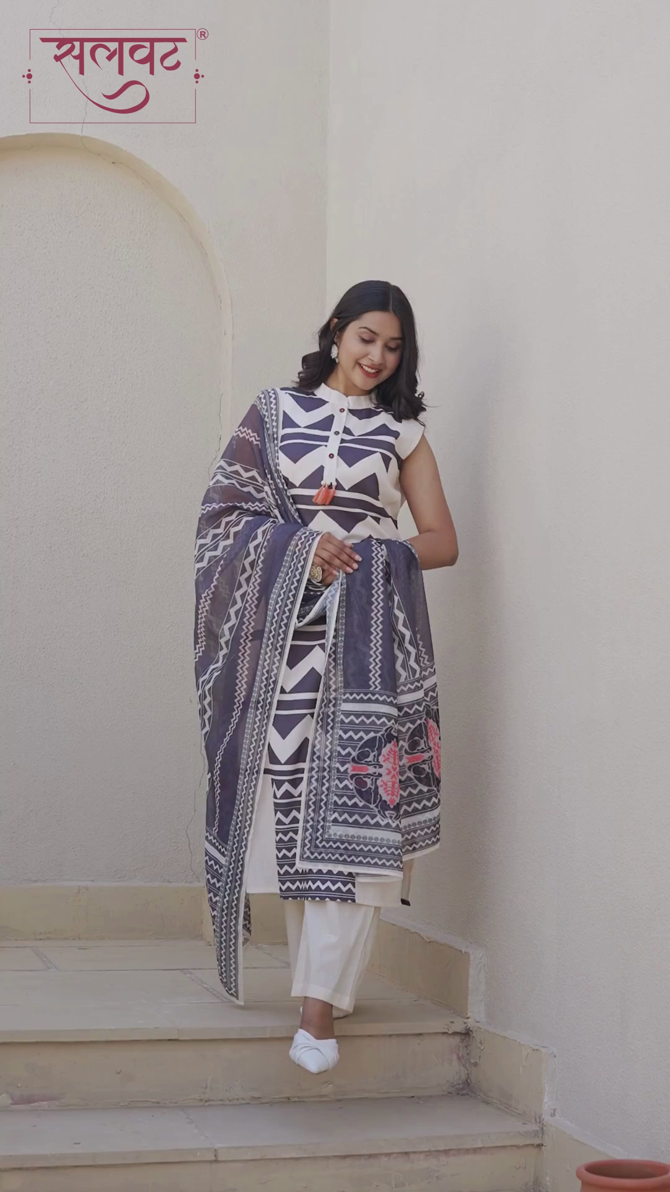 Light Cream & Black Printed Kurta Set With Hand Knot Work & Printed Dupatta