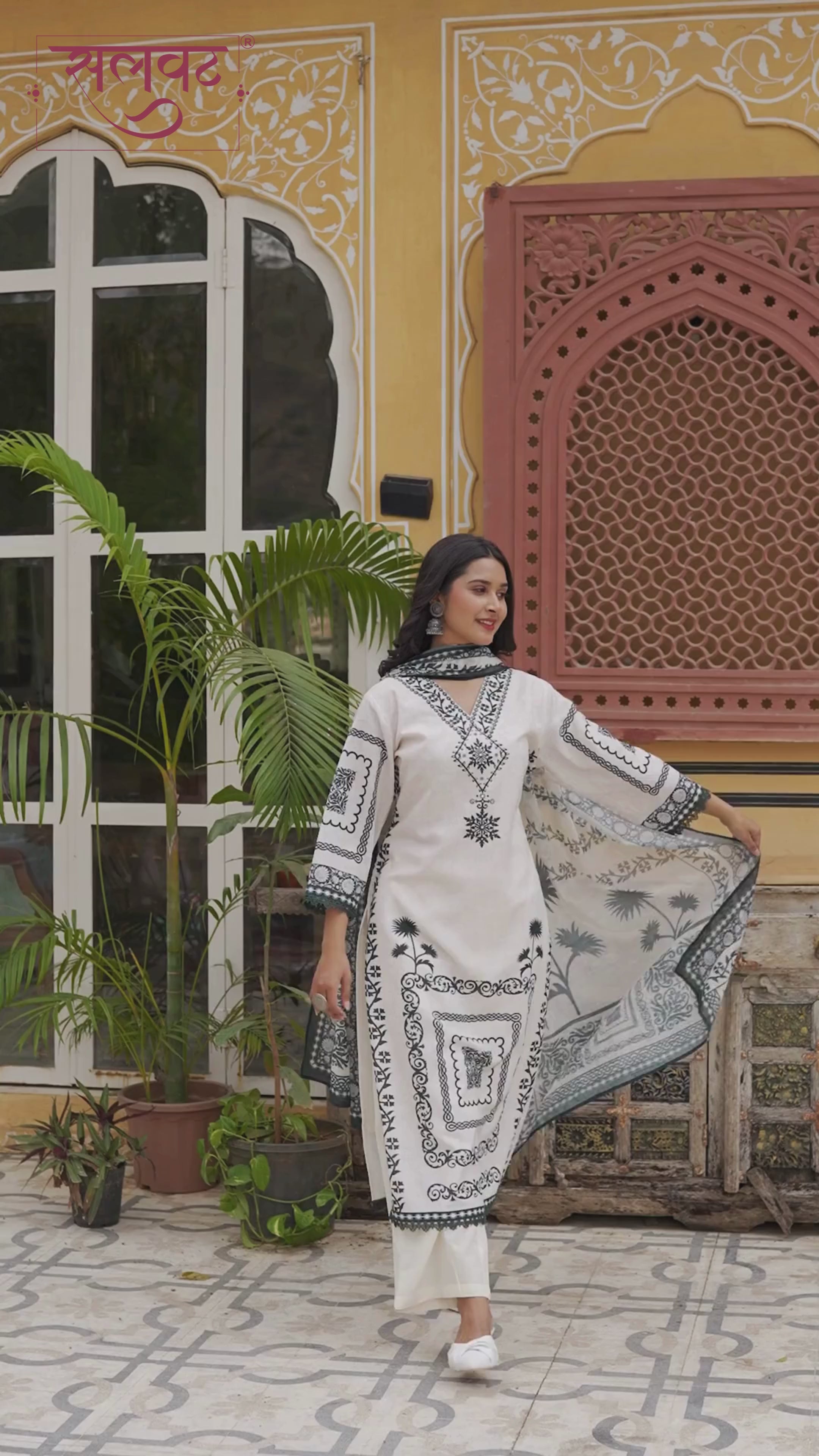Cream & Green Heavy Handwork Kurta Set With Printed Dupatta