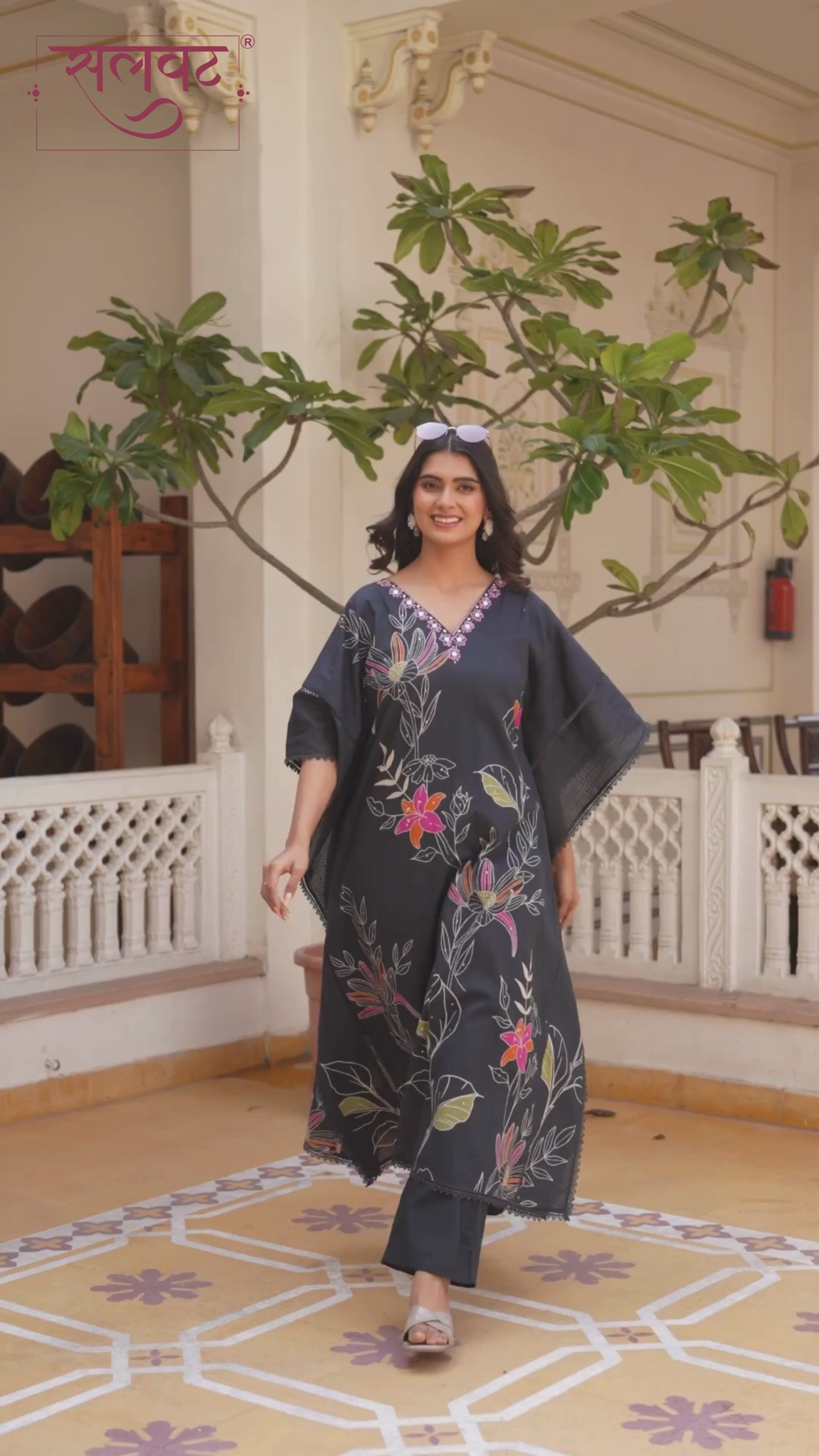 Charcoal Black Abstract Printed Handwork Kaftan Set