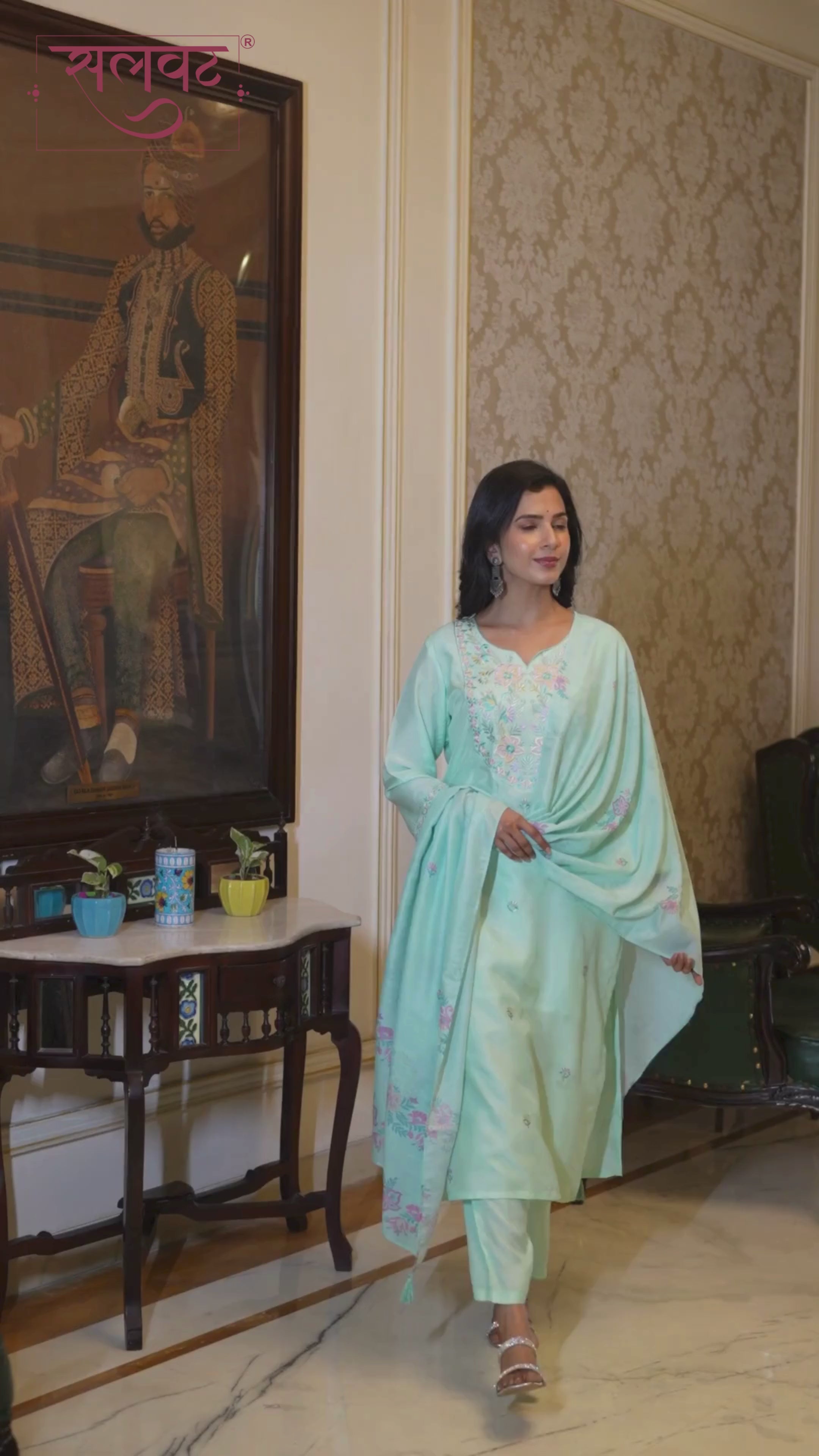 Seafoam Green Embroidered Kurta Set With Printed Dupatta
