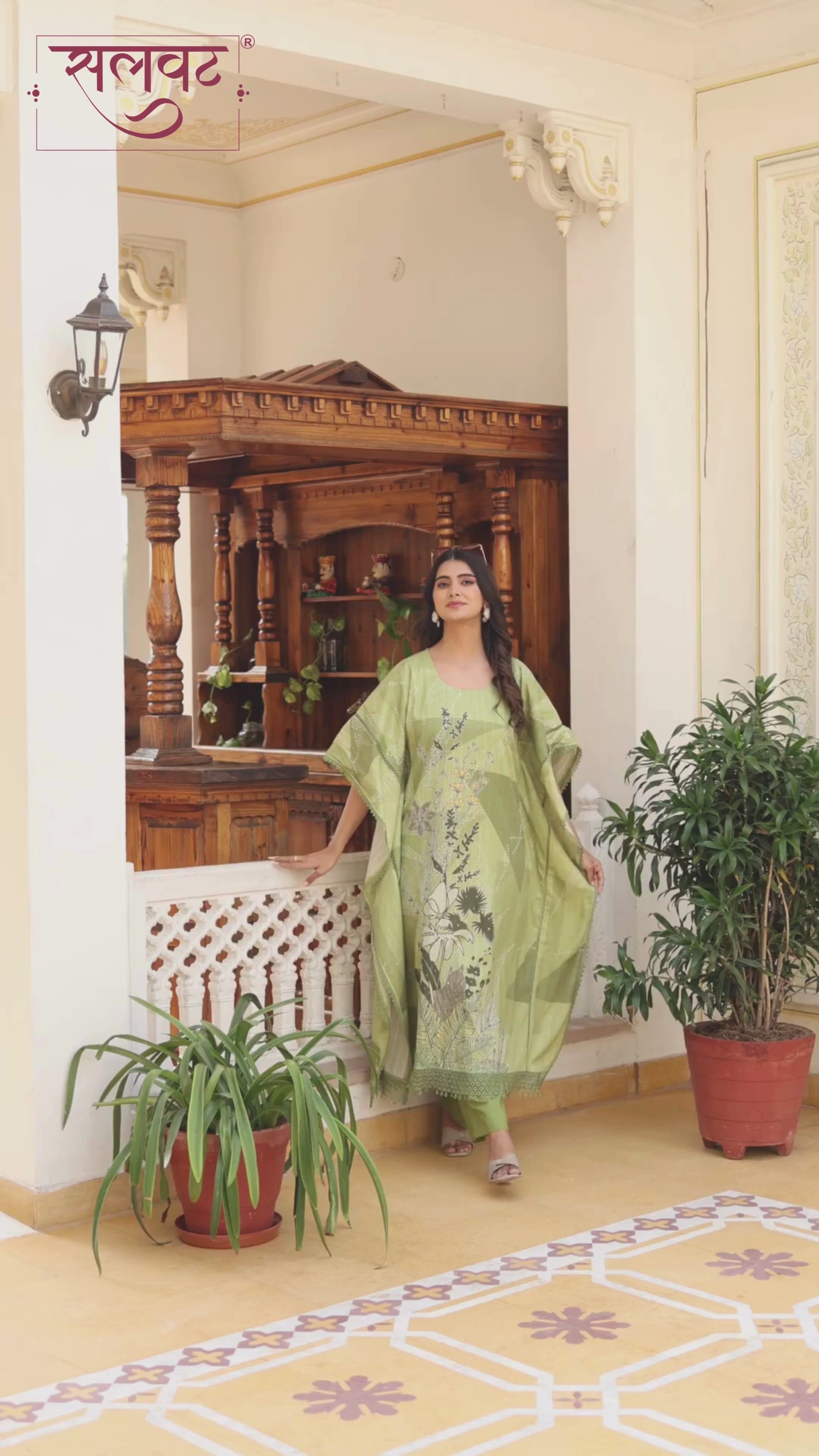 Green Printed Sequins Embellished Kaftan Set