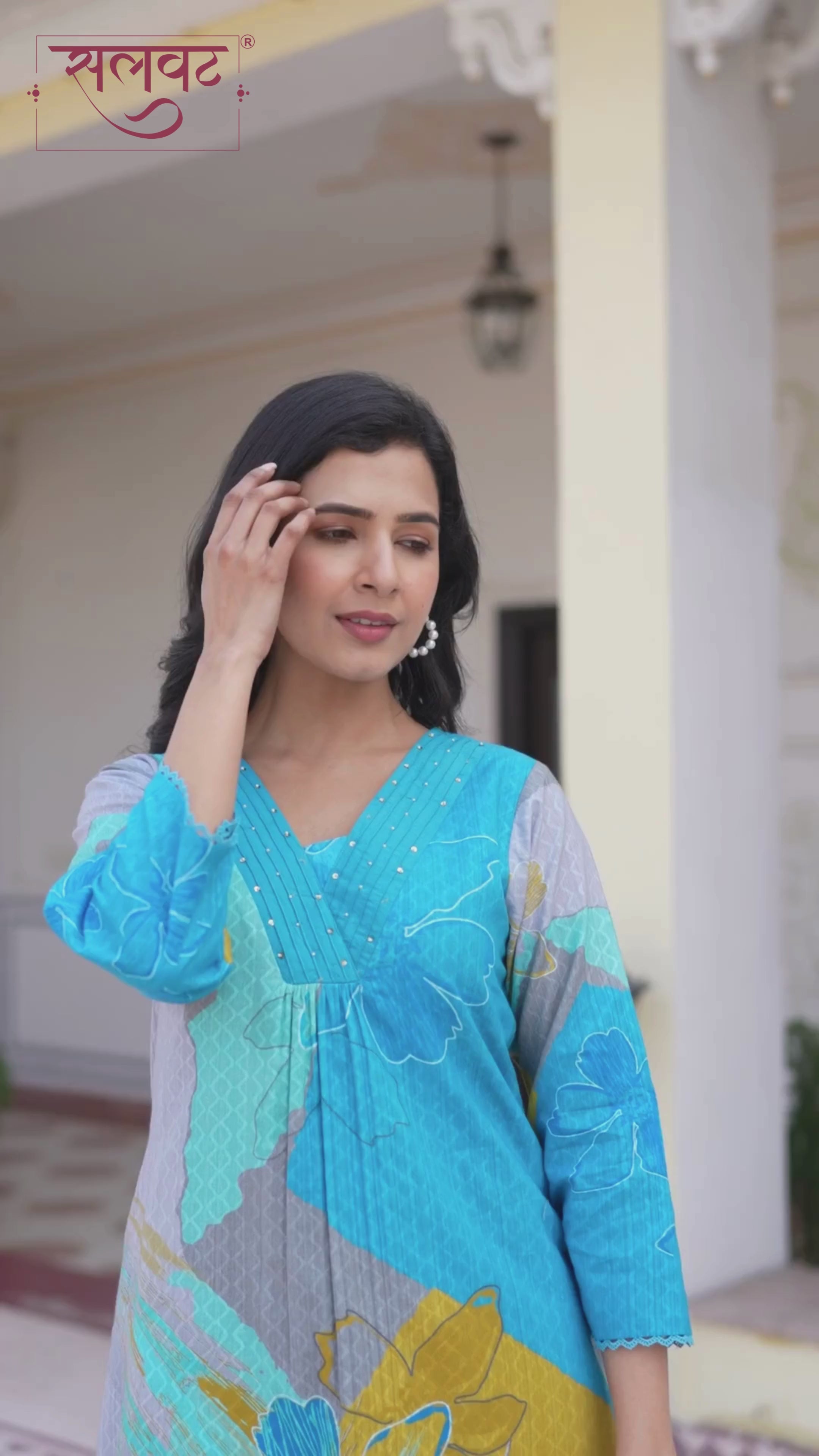 Bright Blue Abstract Printed Handwork Kurta Set
