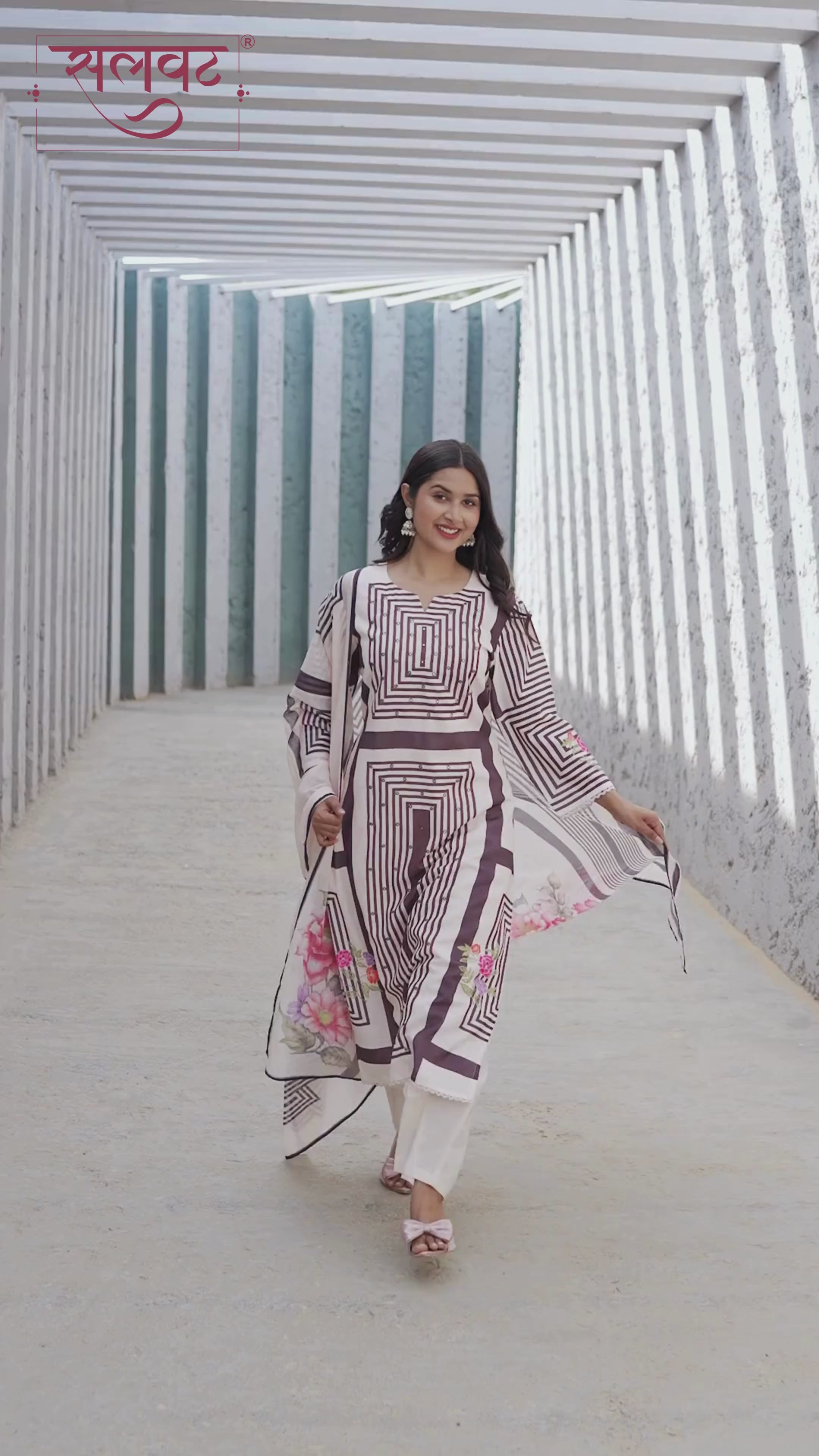 Light Cream & Black Heavy Handwork Kurta Set With Printed Dupatta
