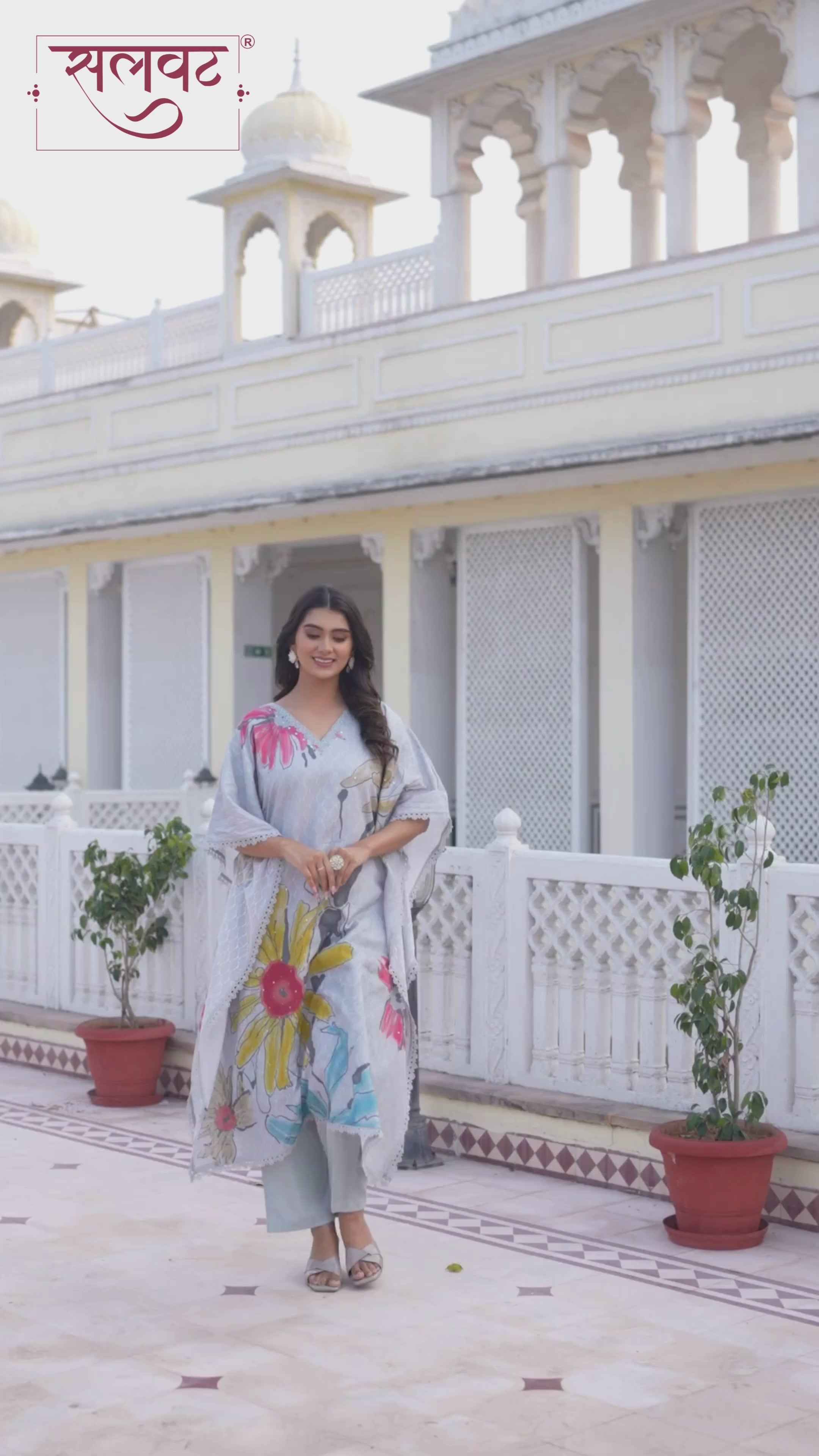 Slate Grey Abstract Printed Handwork Kaftan Set