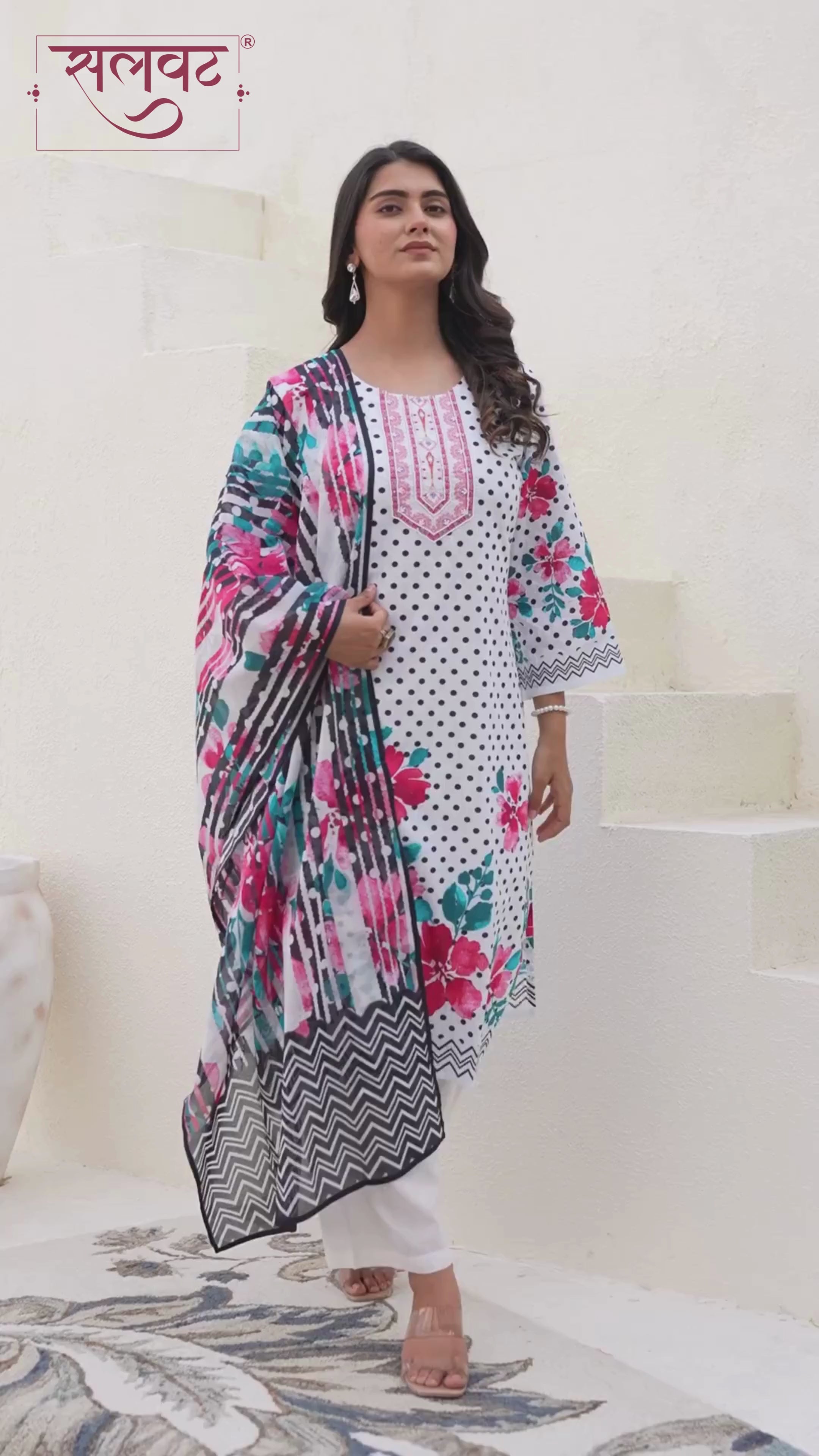 White & Black Polka Dots Printed Handwork Kurta Set With Printed Dupatta