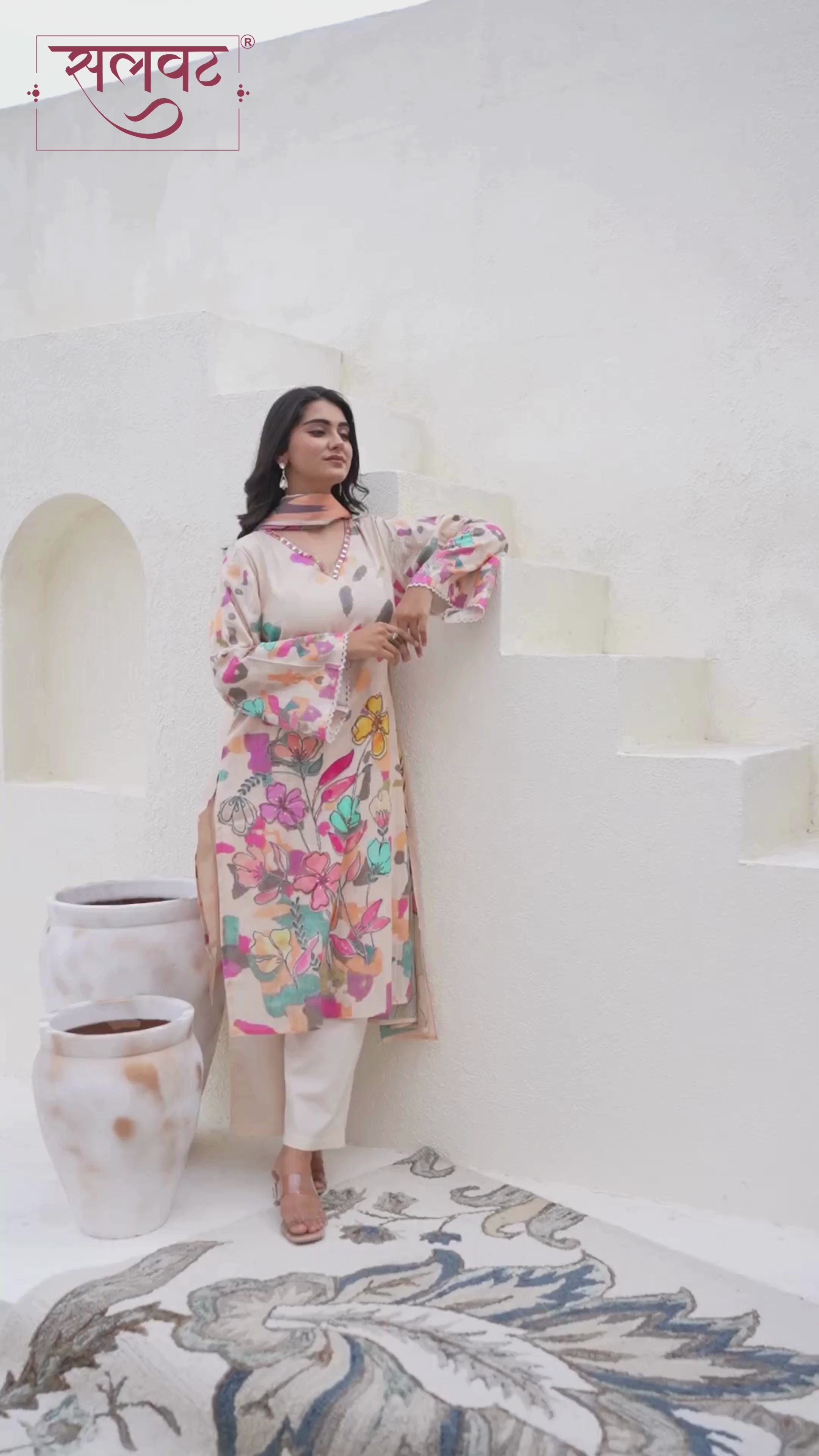 Camel Beige Colorful Floral Printed Kurta Set With Dupatta