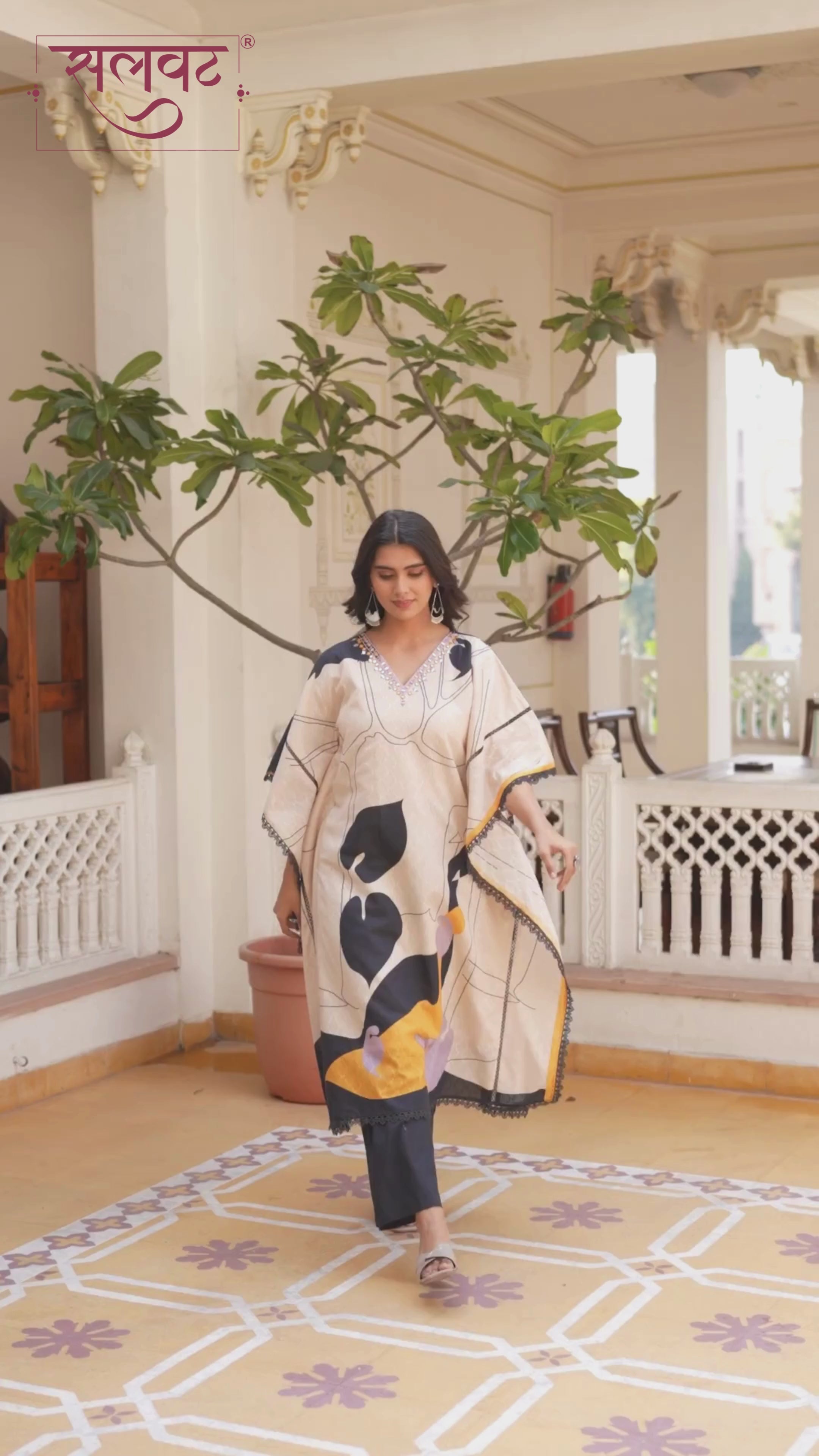 Light Beige Abstract Printed Handwork Kaftan Set