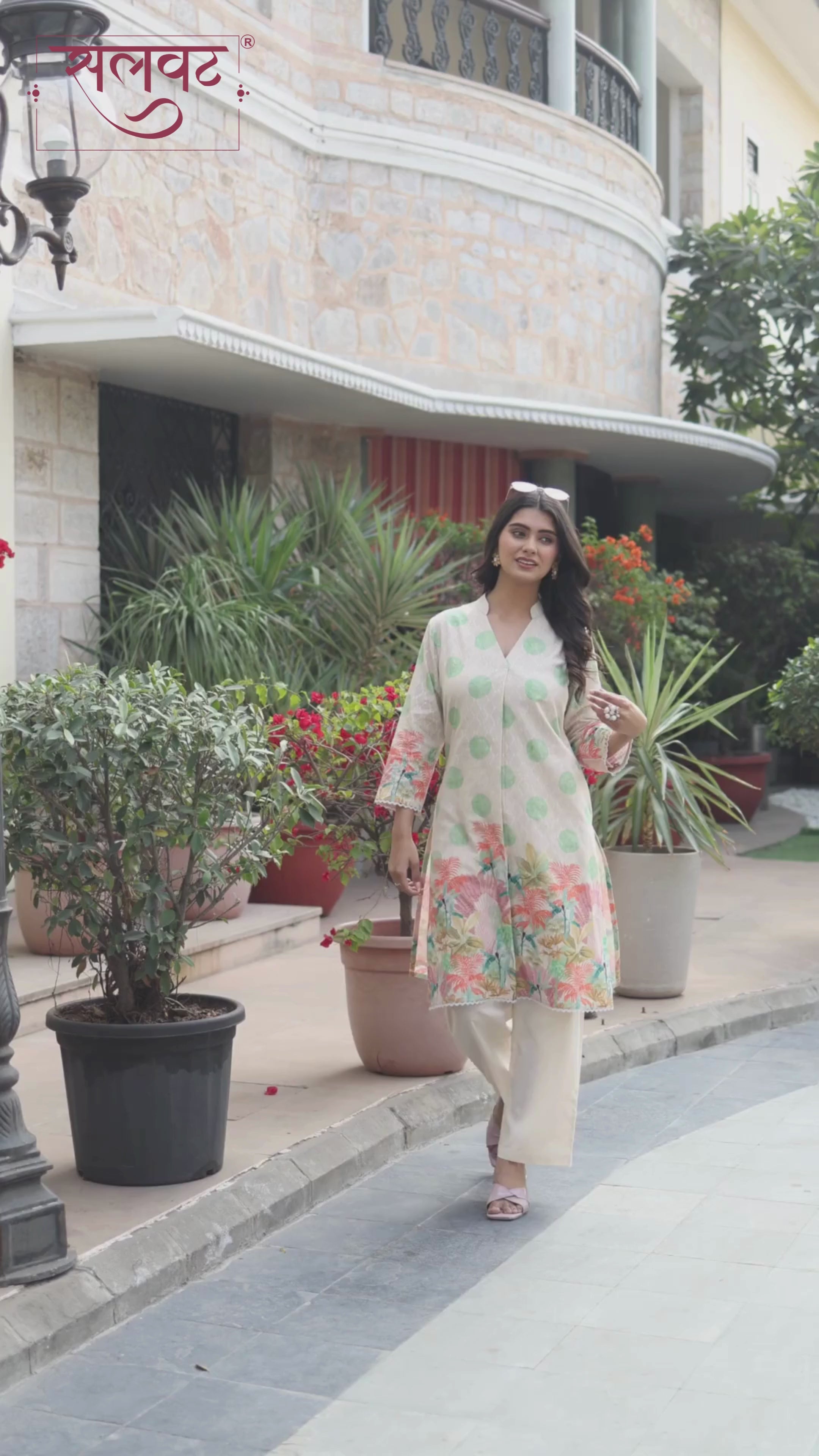 Green Polka & Abstract Flowers Printed Beige Kurta Set