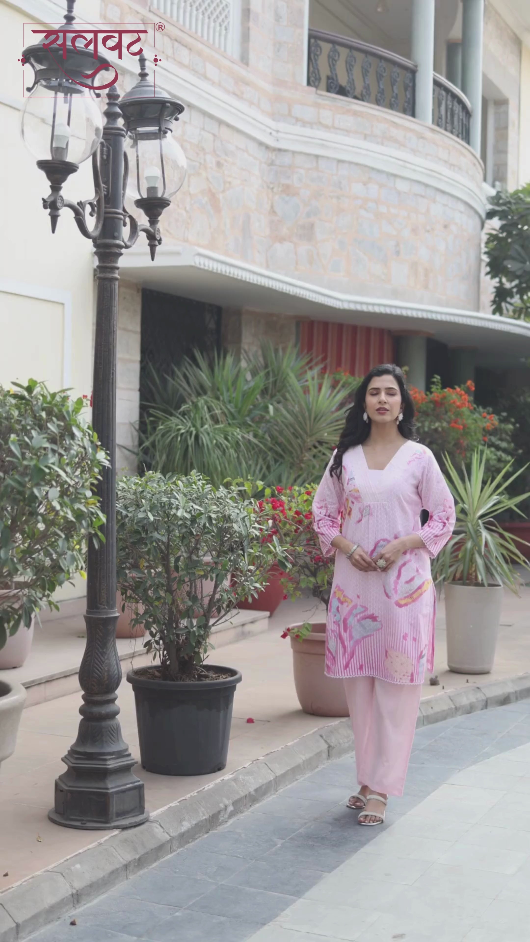 Powder Pink Abstract Printed Handwork Kurta Set