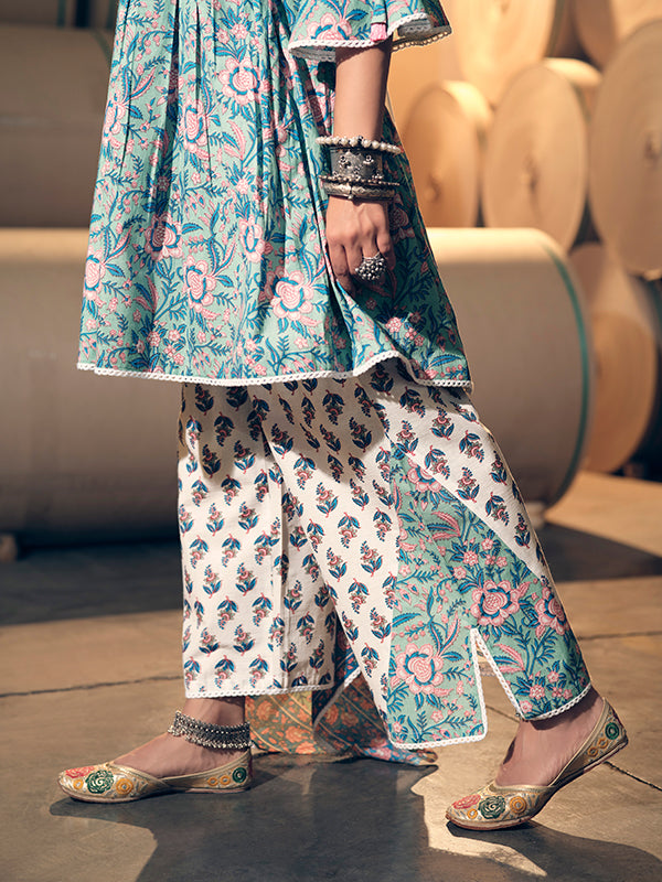 Turquoise And Pink Peplum Kurta Set