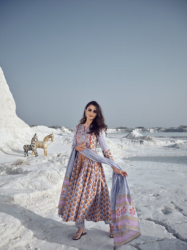 Goldenrod Embroidered Flared Kurta Set