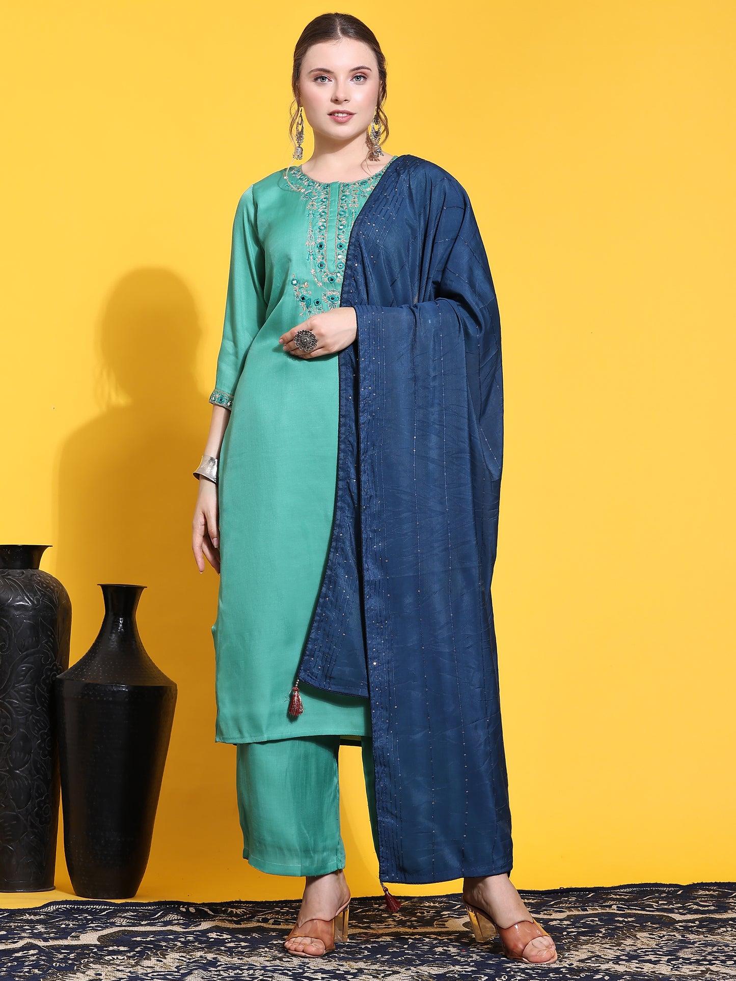 Green Embroidery Viscose Kurta Sets