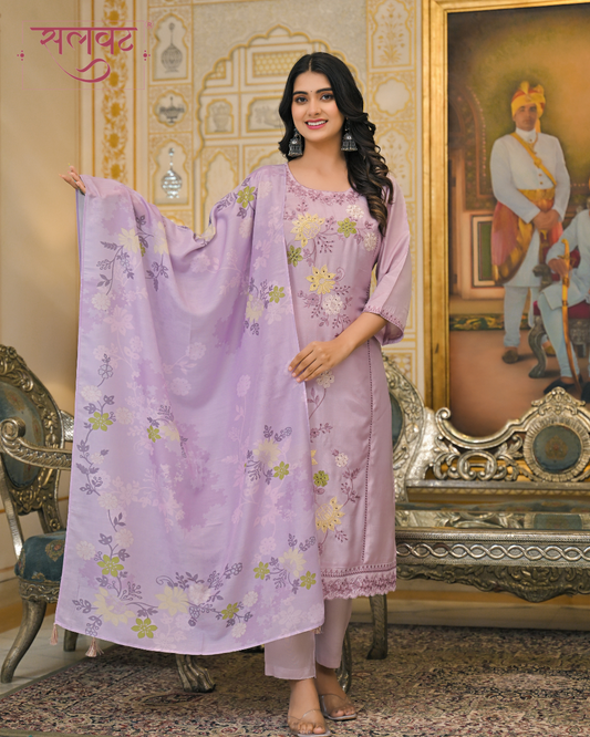 Periwinkle Lilac Embroidered Kurta Set With Printed Dupatta