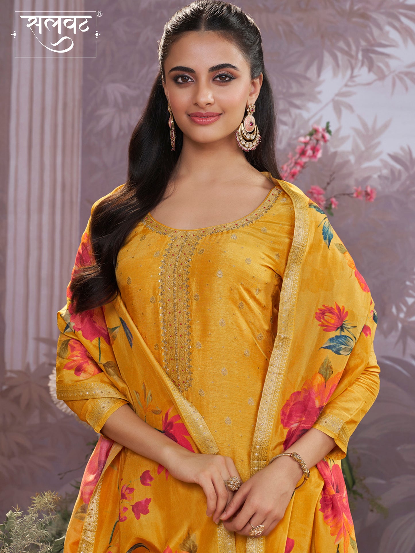 Yellow Dola Silk Kurta Set with Jacquard Work, Paired with a Dola Silk Digital Printed Dupatta