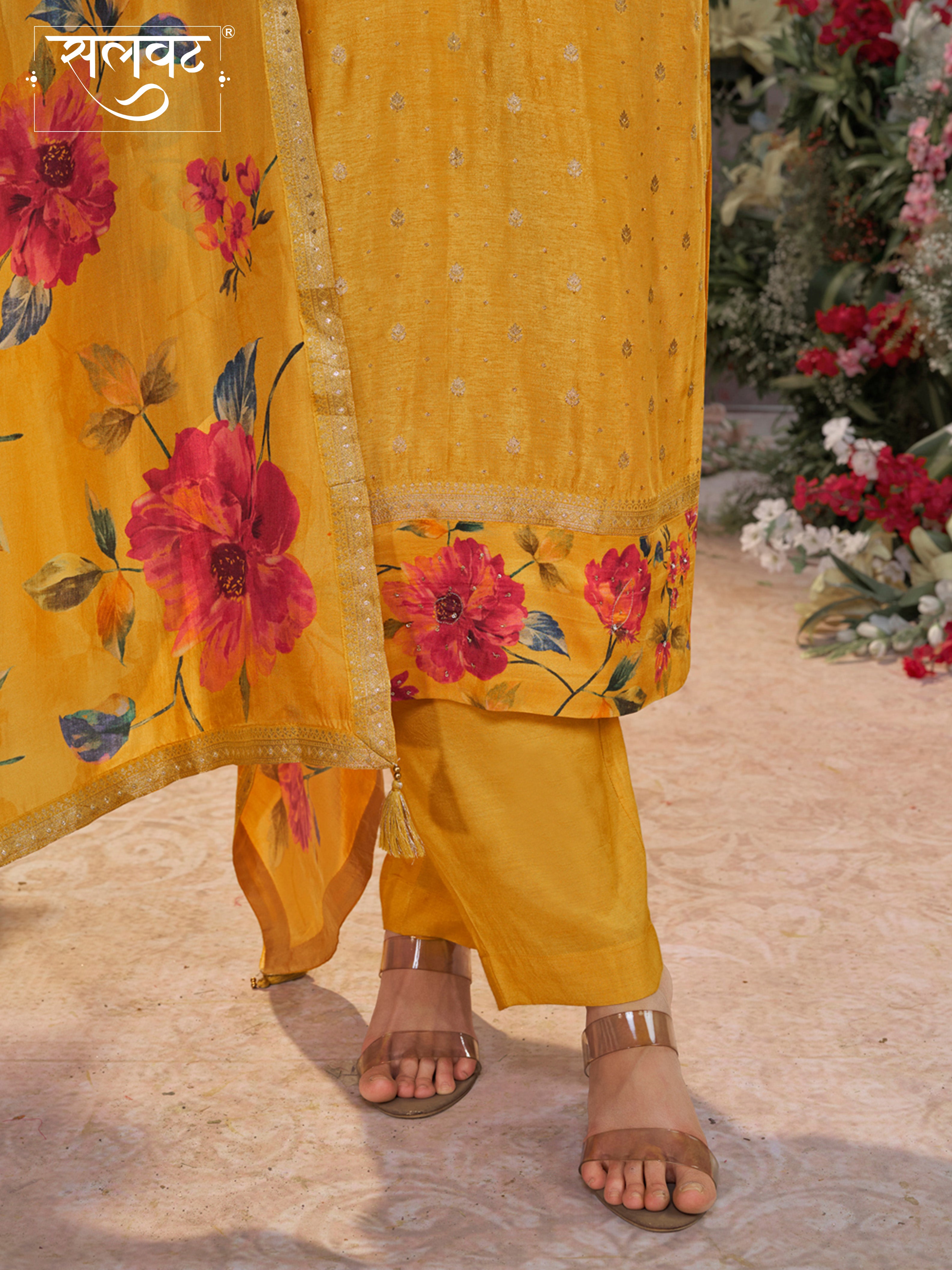 Yellow Dola Silk Kurta Set with Jacquard Work, Paired with a Dola Silk Digital Printed Dupatta