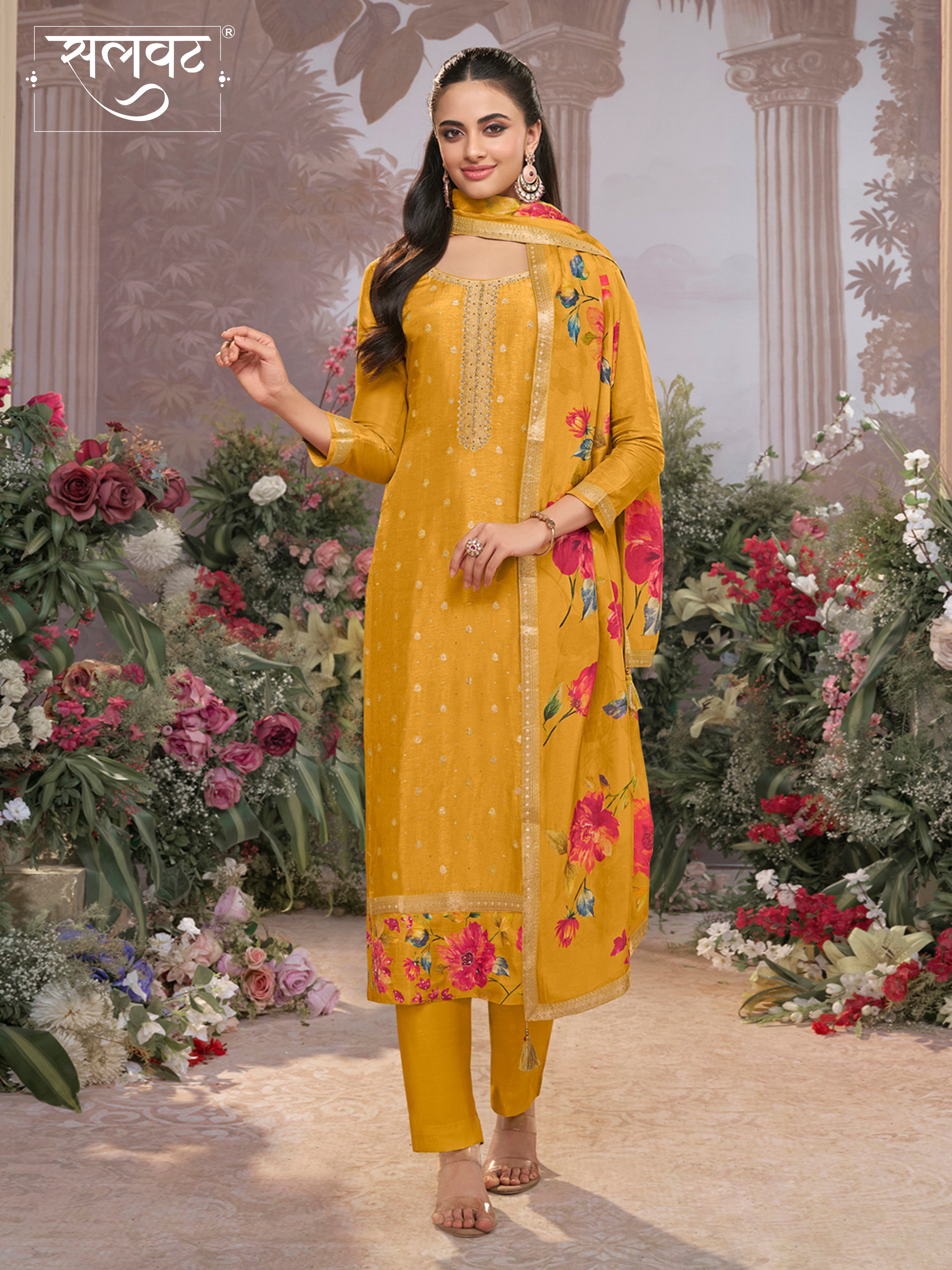Yellow Dola Silk Kurta Set with Jacquard Work, Paired with a Dola Silk Digital Printed Dupatta