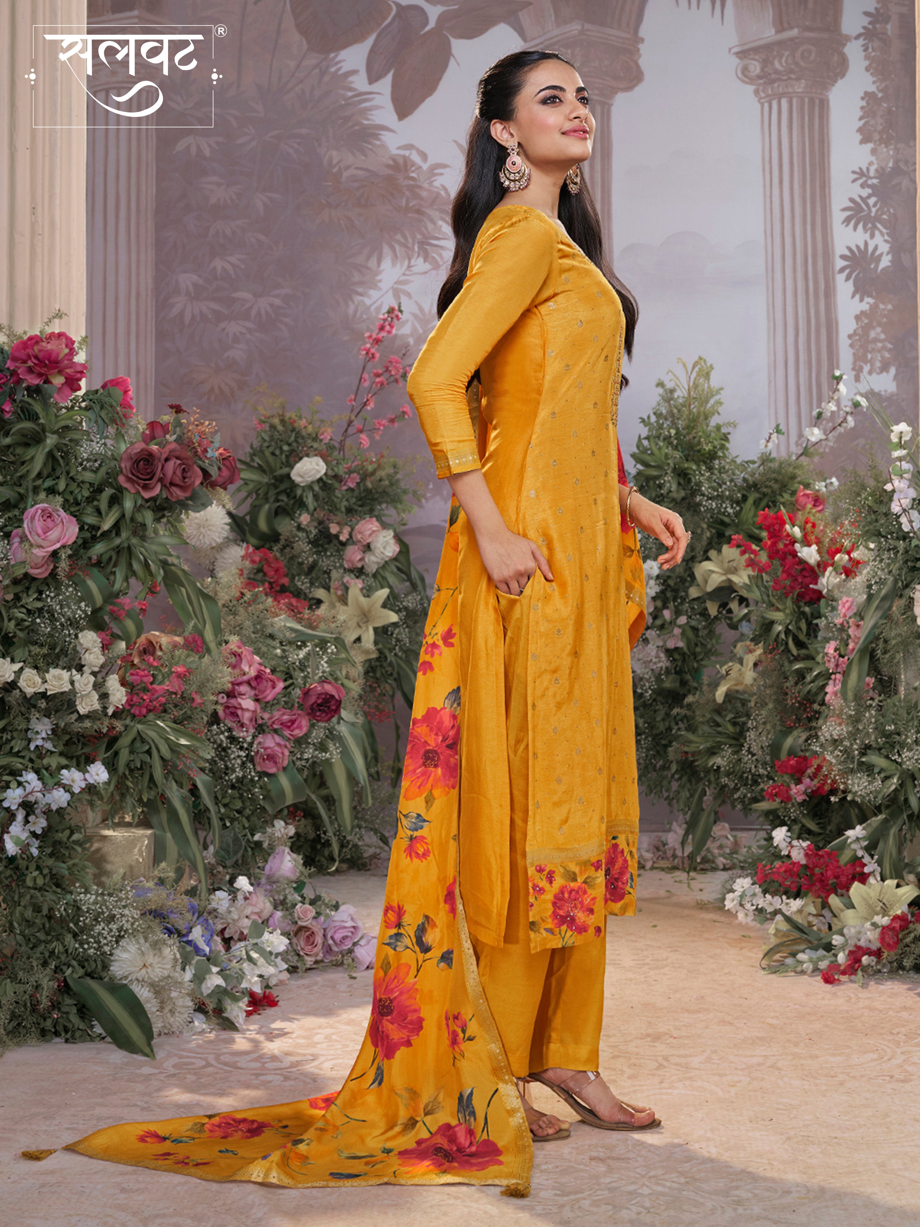 Yellow Dola Silk Kurta Set with Jacquard Work, Paired with a Dola Silk Digital Printed Dupatta