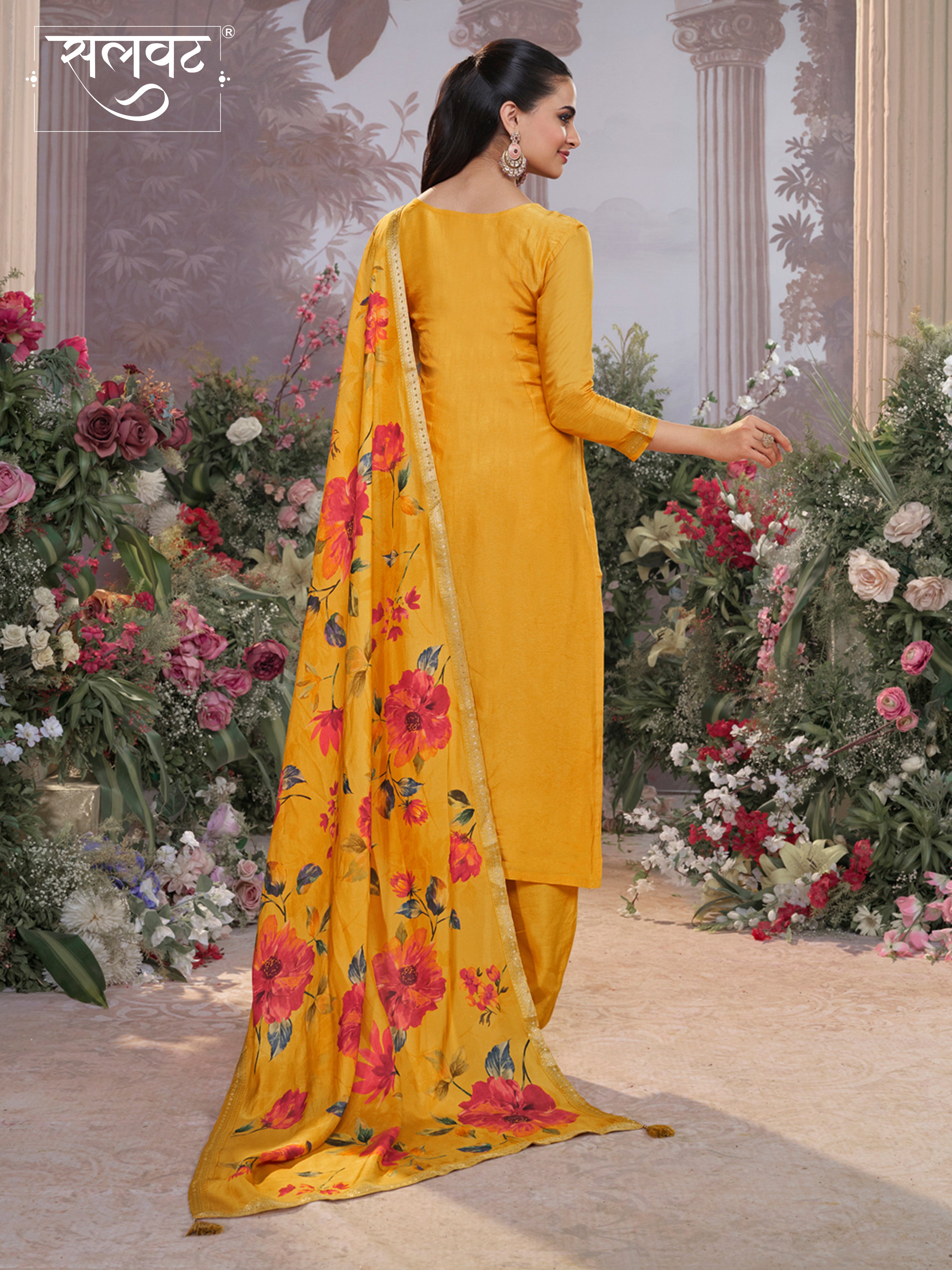Yellow Dola Silk Kurta Set with Jacquard Work, Paired with a Dola Silk Digital Printed Dupatta