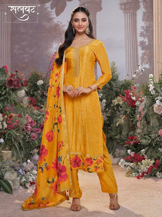Yellow Dola Silk Kurta Set with Jacquard Work, Paired with a Dola Silk Digital Printed Dupatta