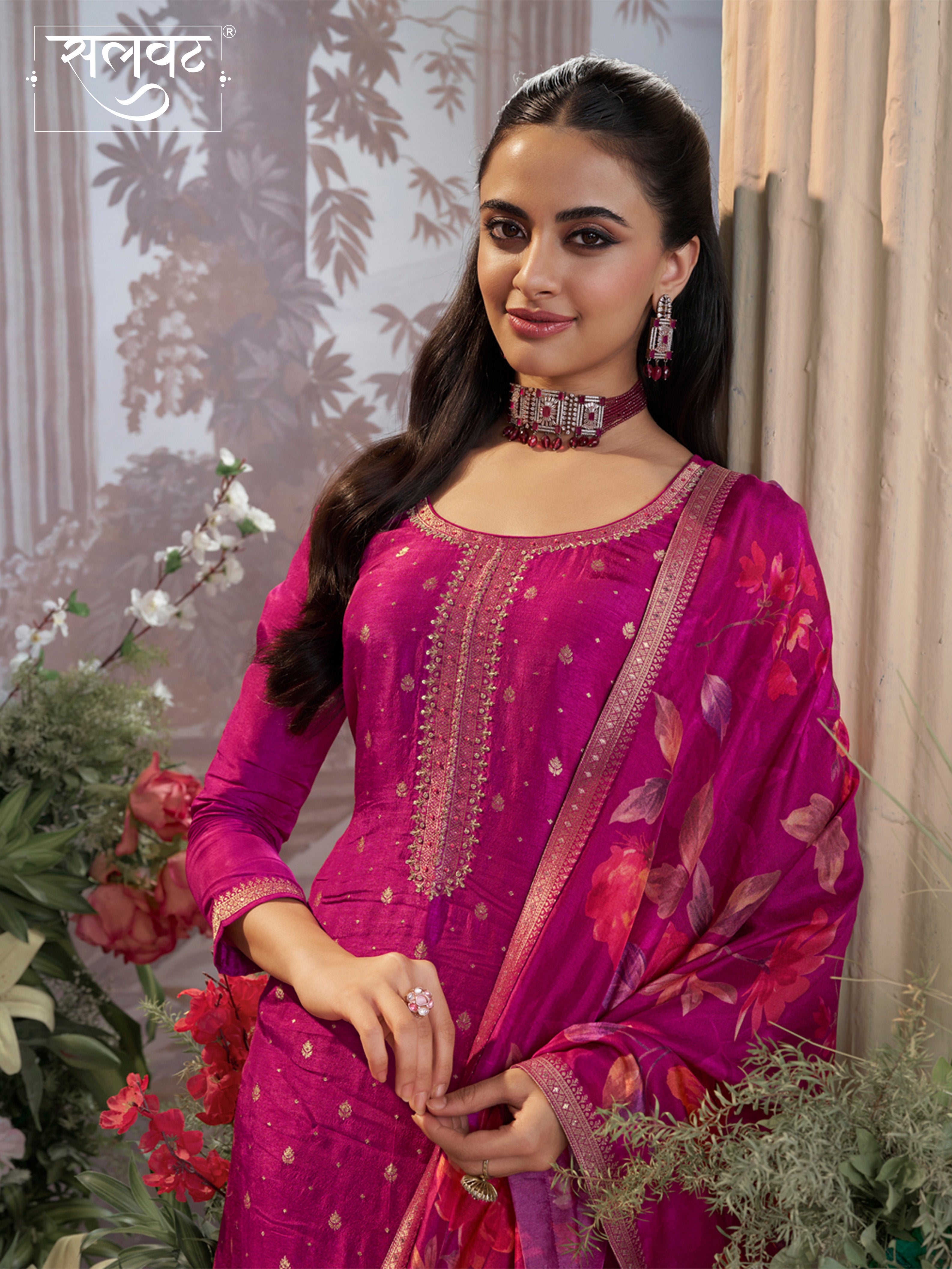 Purple Dola Silk Kurta Set with Jacquard Work, Paired with a Dola Silk Digital Printed Dupatta