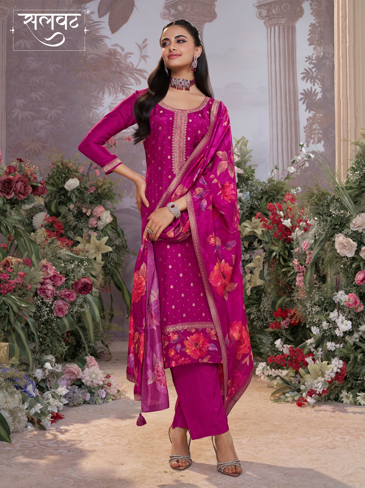 Purple Dola Silk Kurta Set with Jacquard Work, Paired with a Dola Silk Digital Printed Dupatta