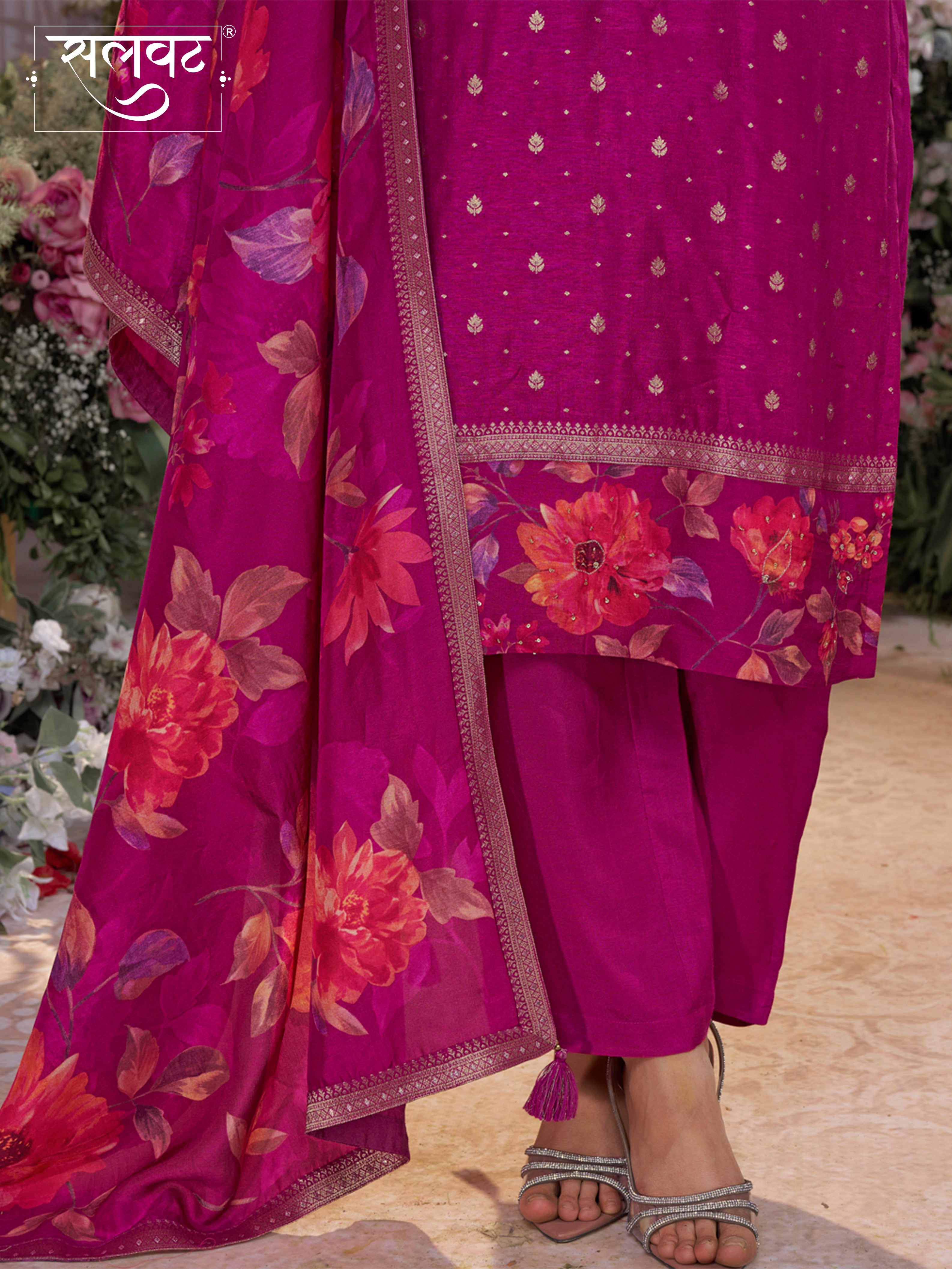 Purple Dola Silk Kurta Set with Jacquard Work, Paired with a Dola Silk Digital Printed Dupatta