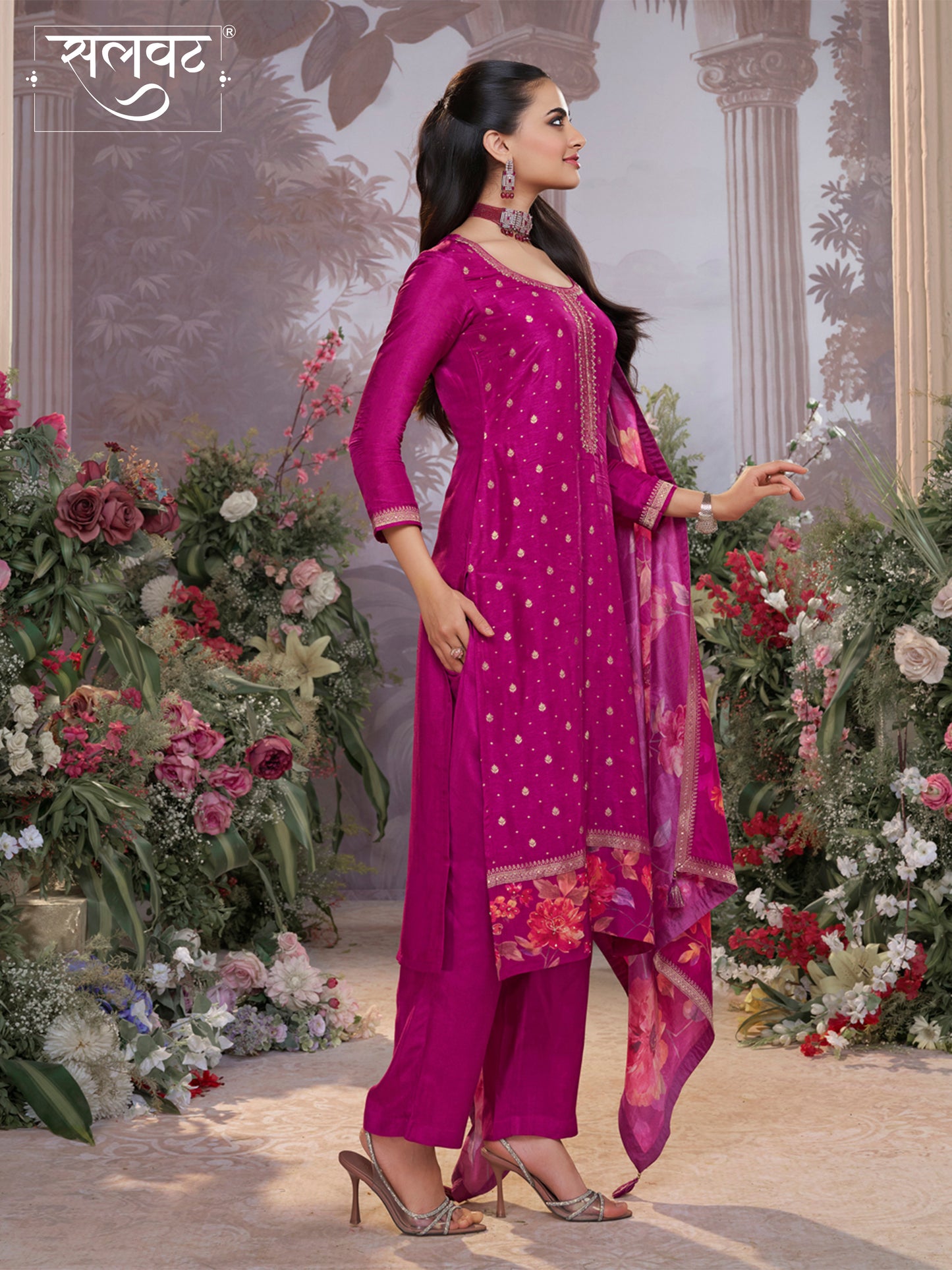 Purple Dola Silk Kurta Set with Jacquard Work, Paired with a Dola Silk Digital Printed Dupatta