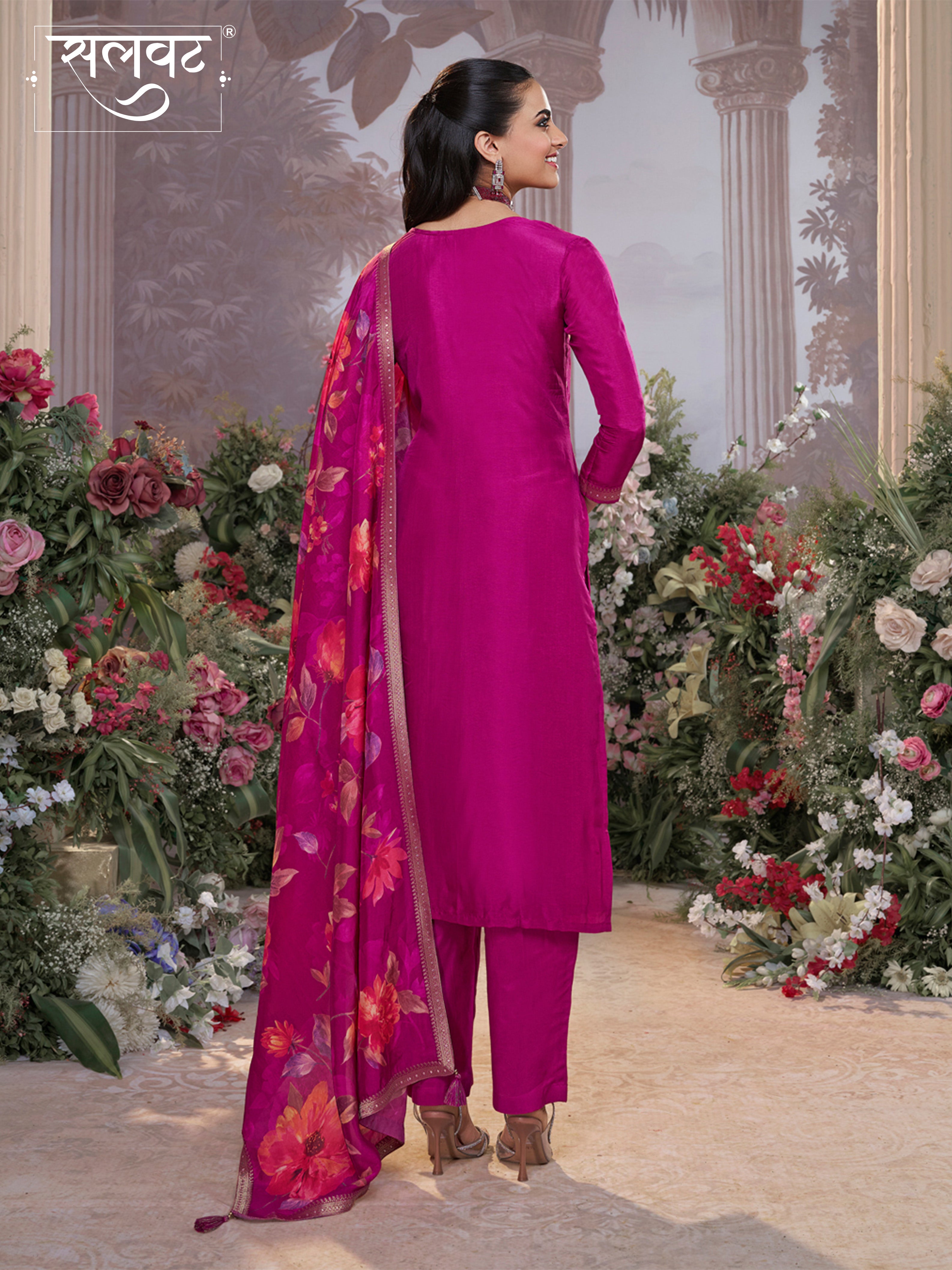 Purple Dola Silk Kurta Set with Jacquard Work, Paired with a Dola Silk Digital Printed Dupatta
