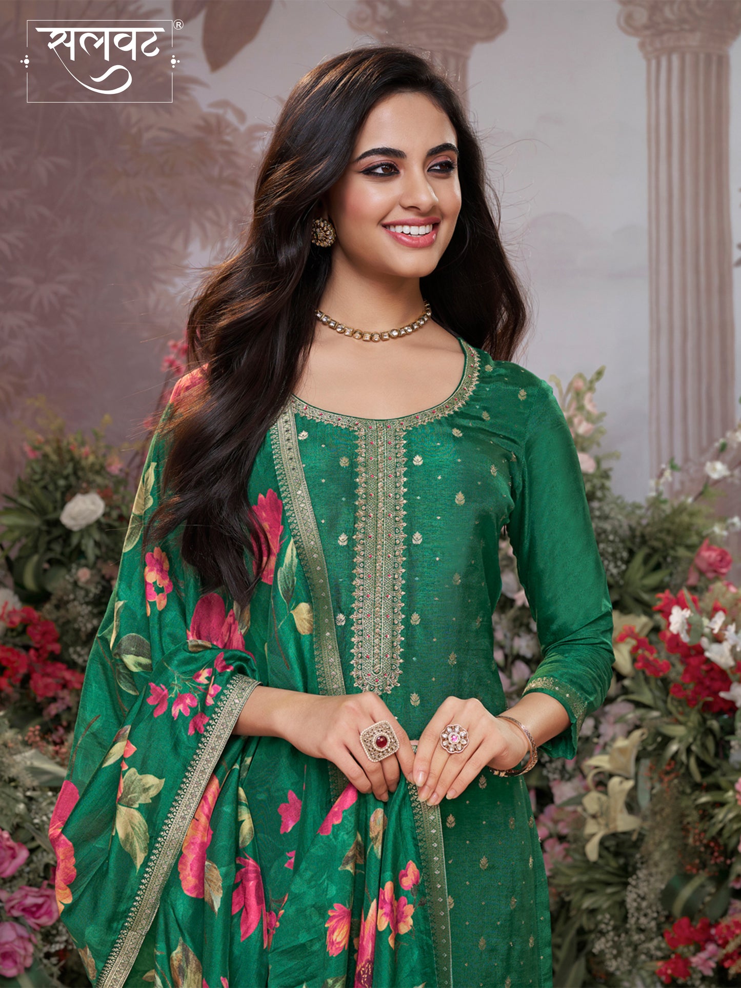 Green Dola Silk Kurta Set with Jacquard Work, Paired with a Dola Silk Digital Printed Dupatta