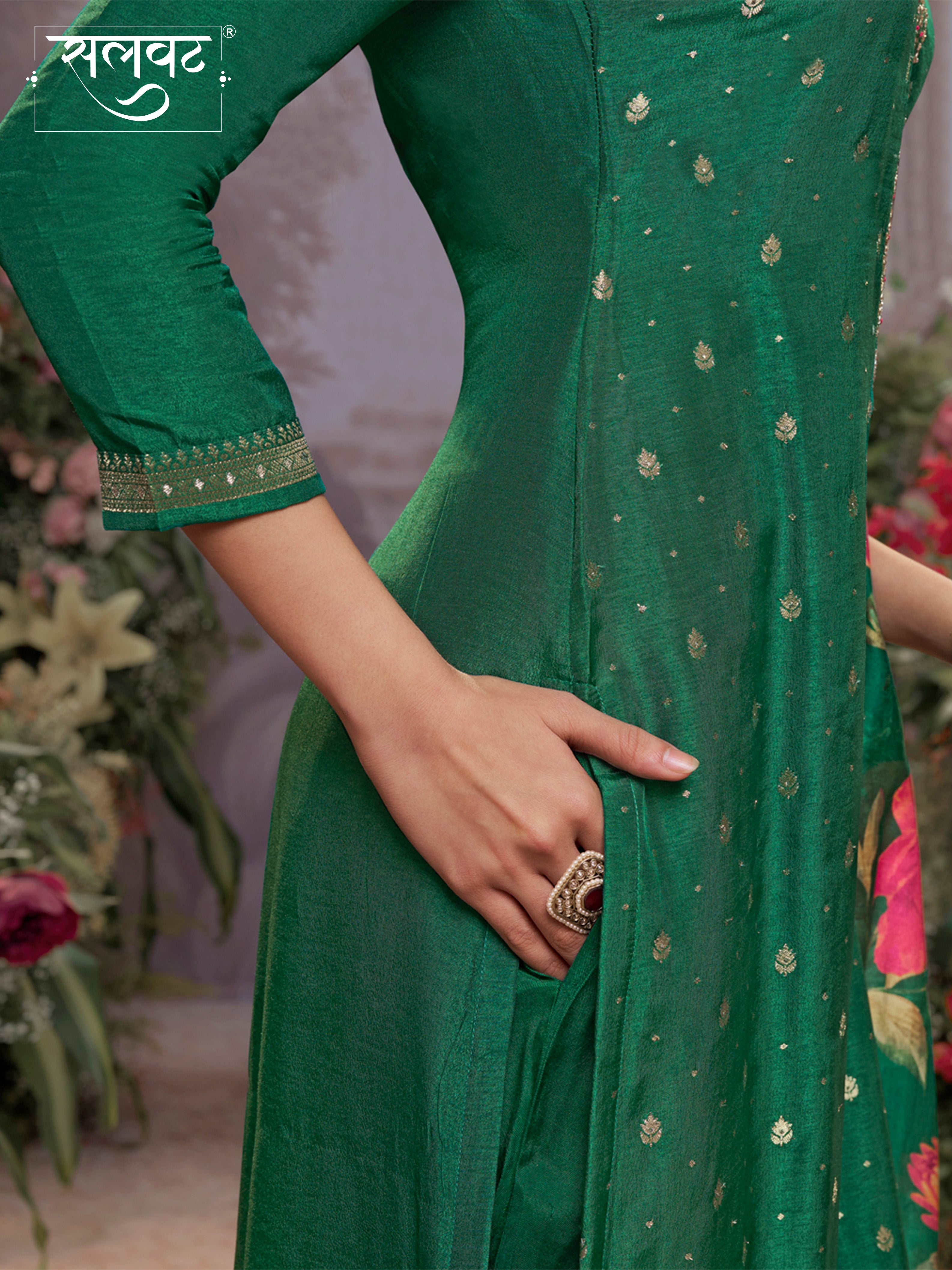 Green Dola Silk Kurta Set with Jacquard Work, Paired with a Dola Silk Digital Printed Dupatta