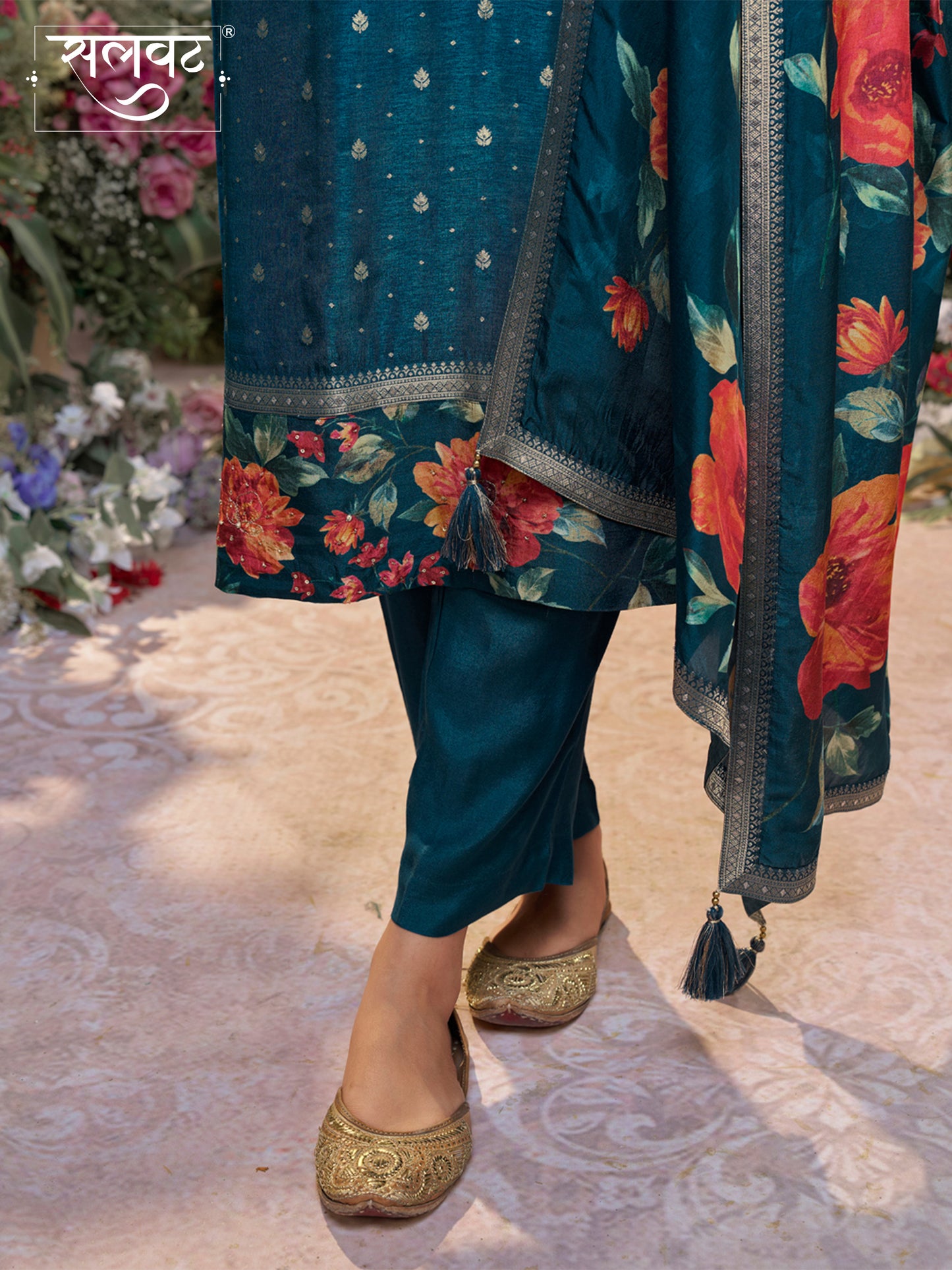 Blue Dola Silk Kurta Set with Jacquard Work, Paired with a Dola Silk Digital Printed Dupatta