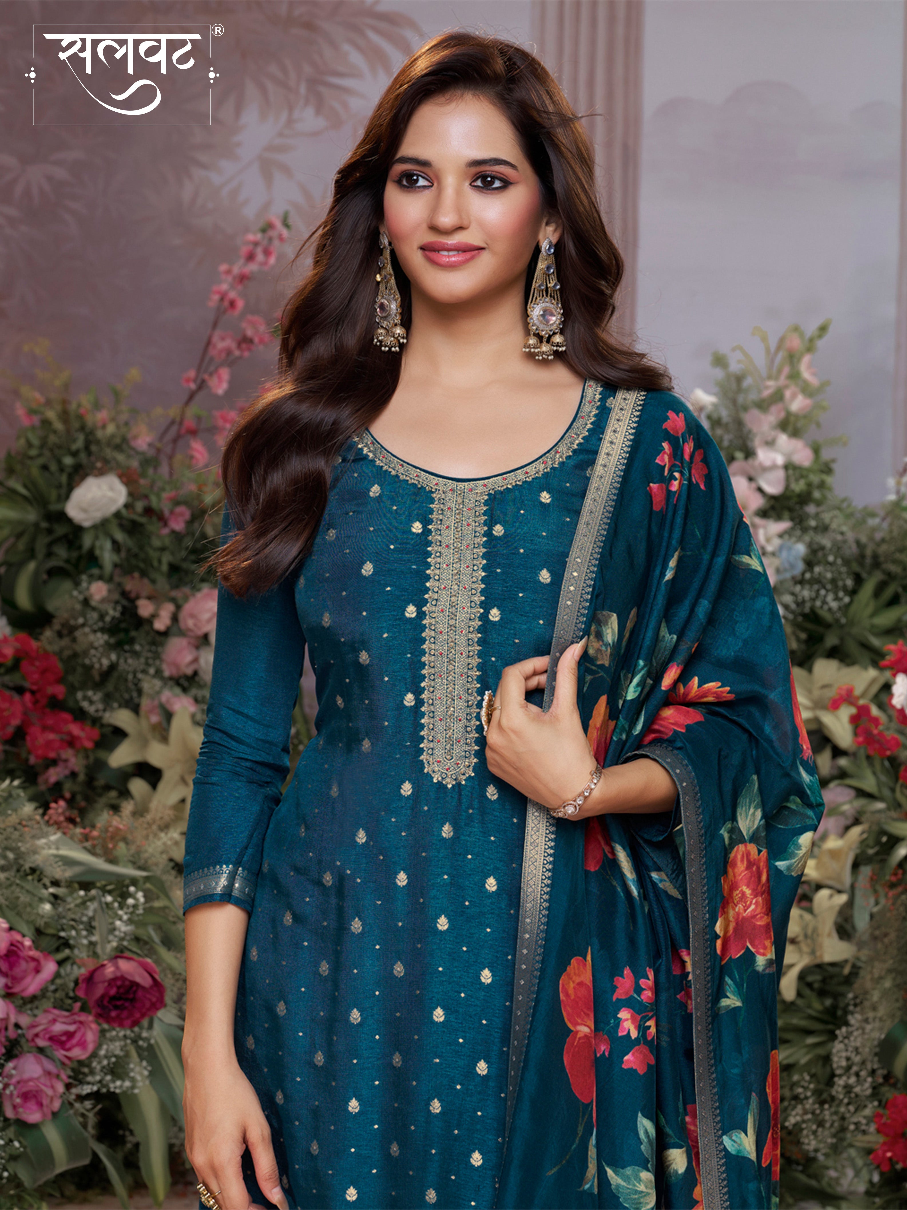 Blue Dola Silk Kurta Set with Jacquard Work, Paired with a Dola Silk Digital Printed Dupatta