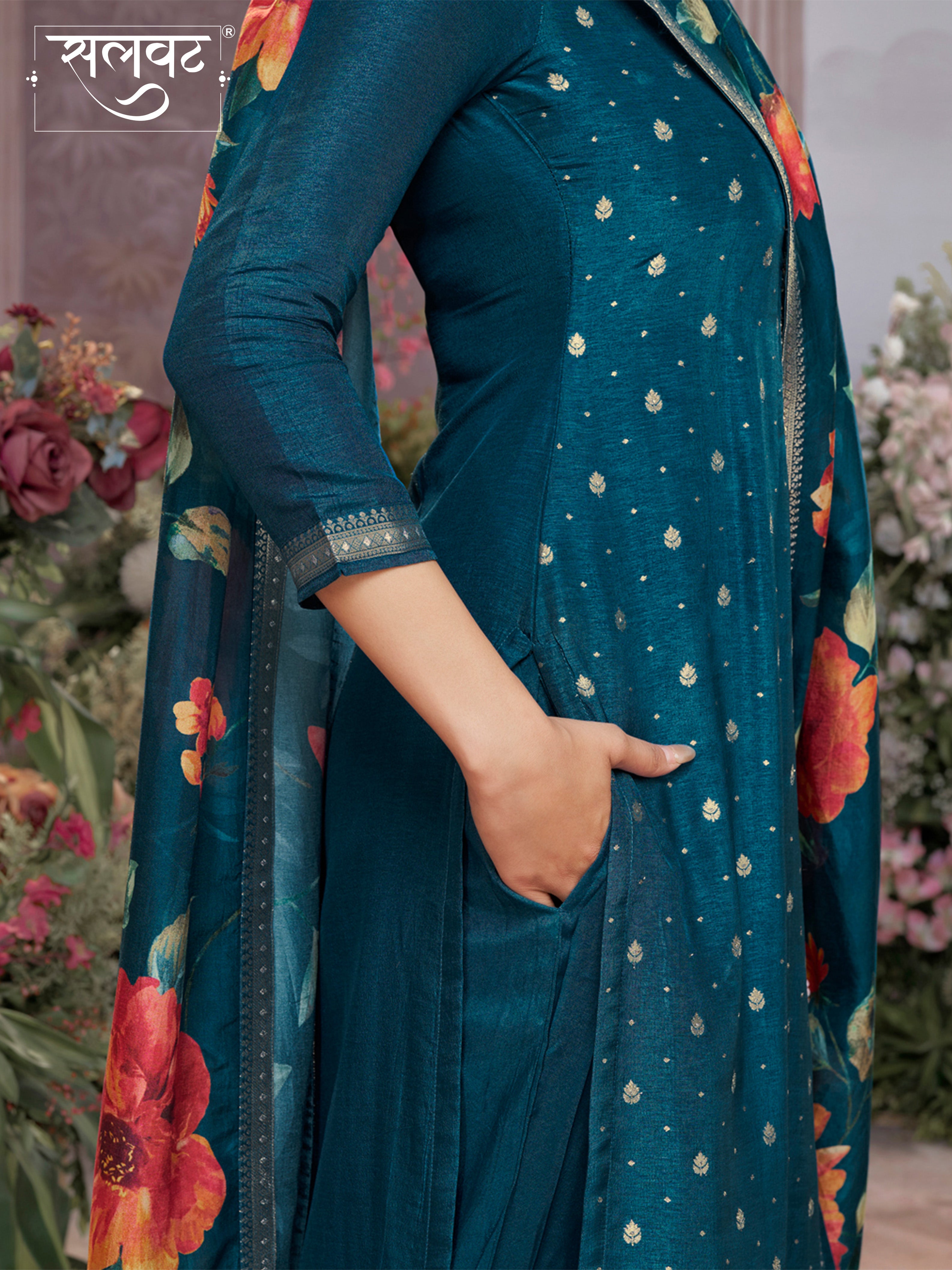 Blue Dola Silk Kurta Set with Jacquard Work, Paired with a Dola Silk Digital Printed Dupatta