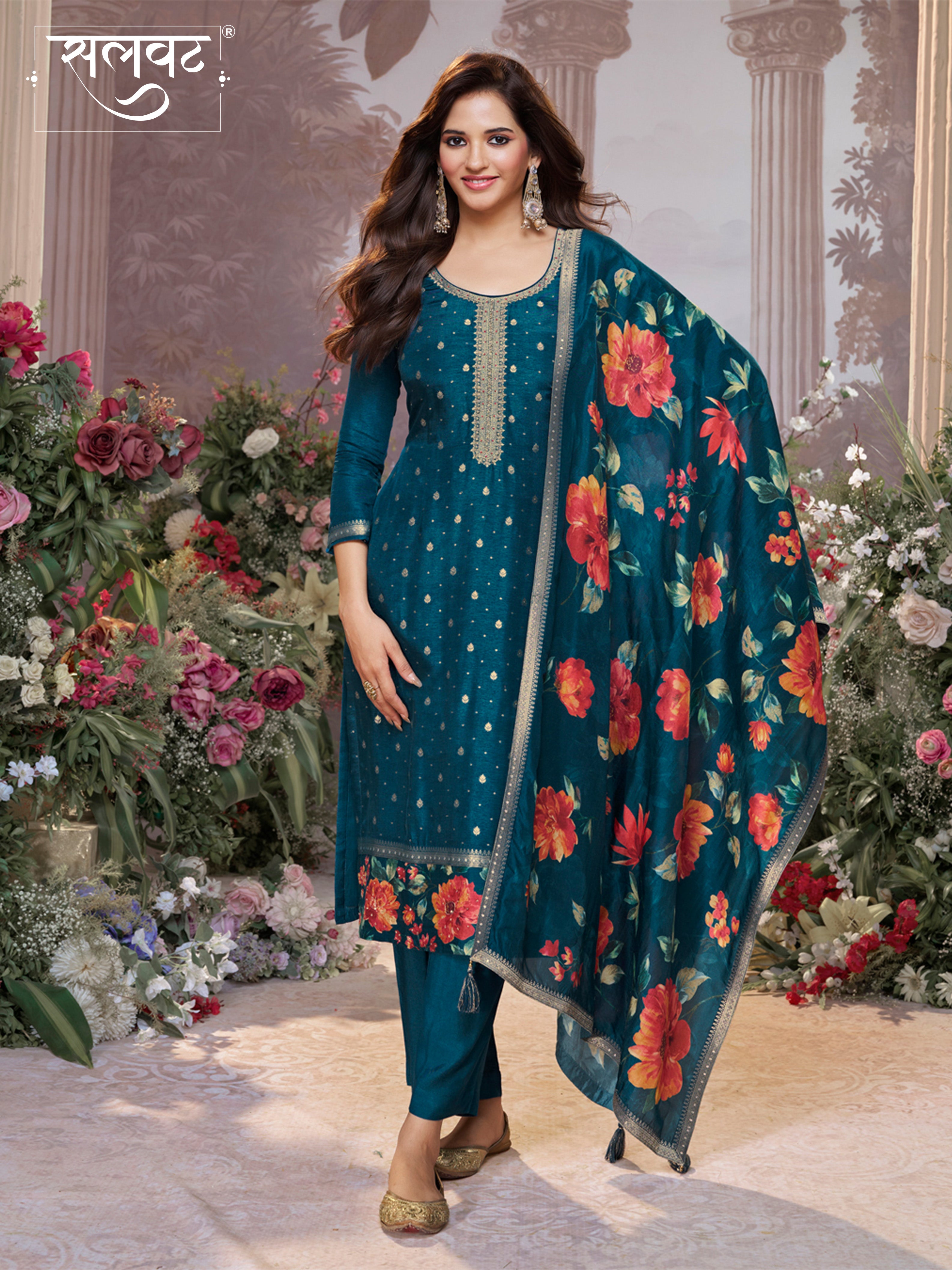 Blue Dola Silk Kurta Set with Jacquard Work, Paired with a Dola Silk Digital Printed Dupatta