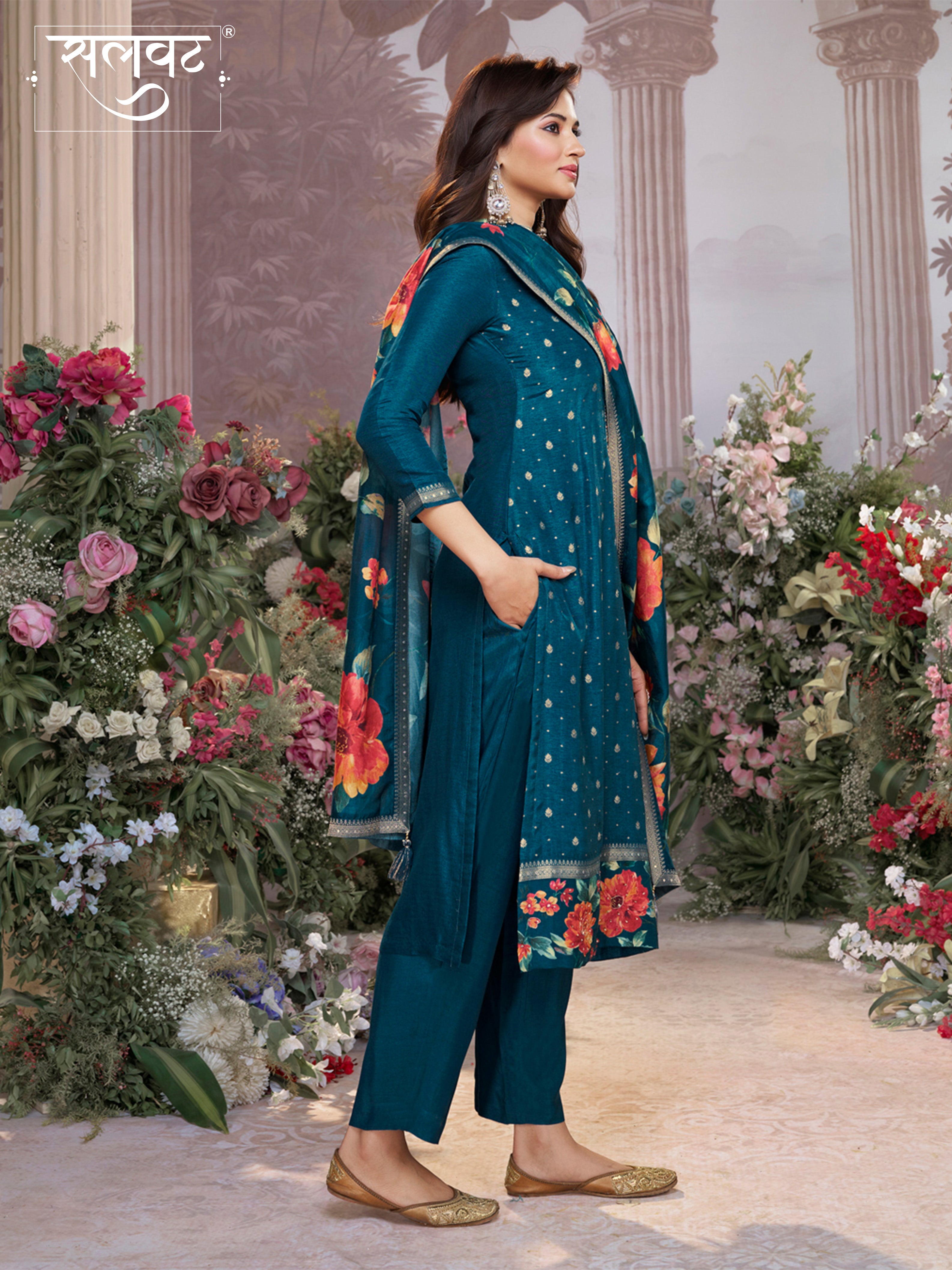 Blue Dola Silk Kurta Set with Jacquard Work, Paired with a Dola Silk Digital Printed Dupatta