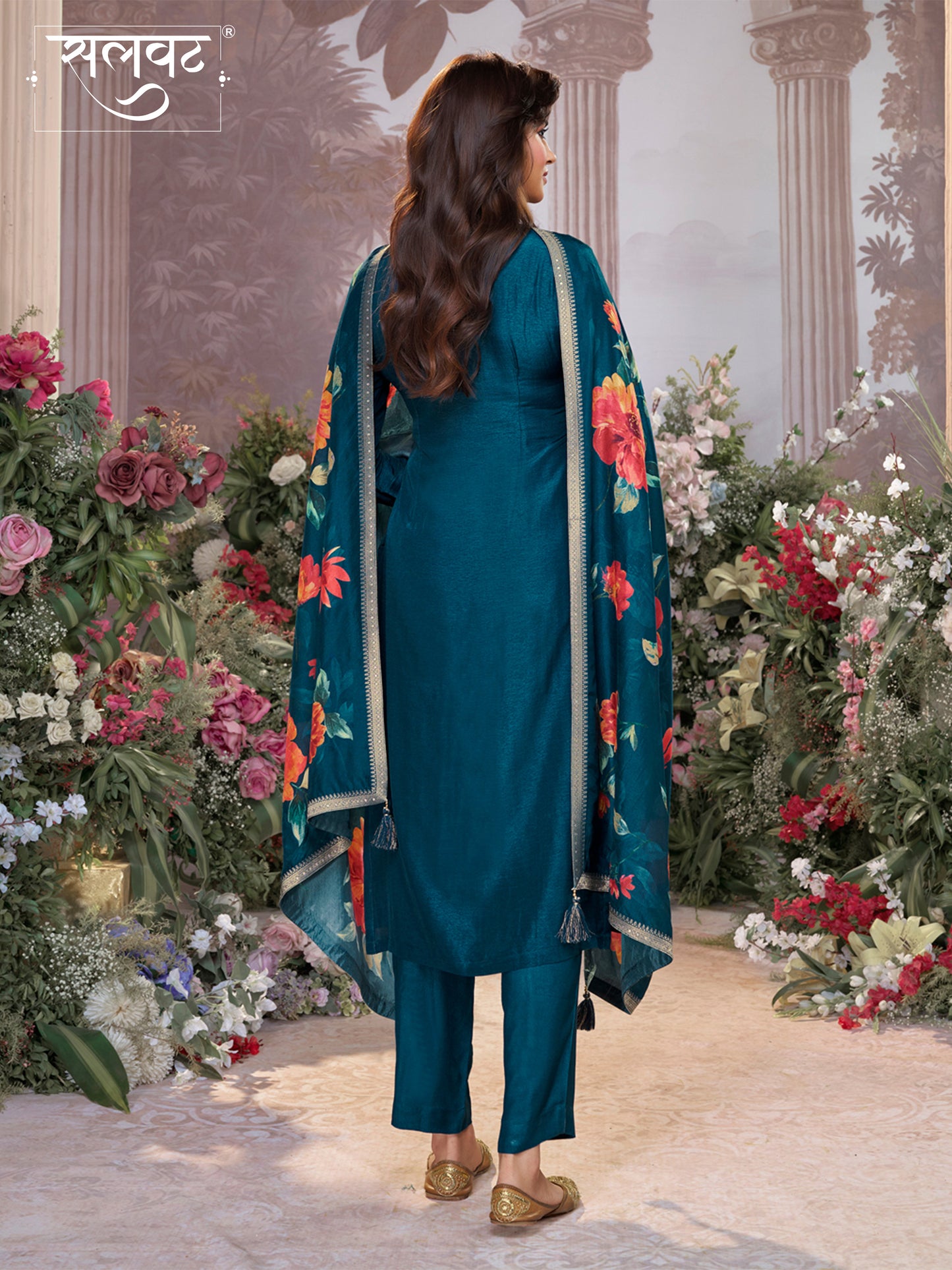 Blue Dola Silk Kurta Set with Jacquard Work, Paired with a Dola Silk Digital Printed Dupatta
