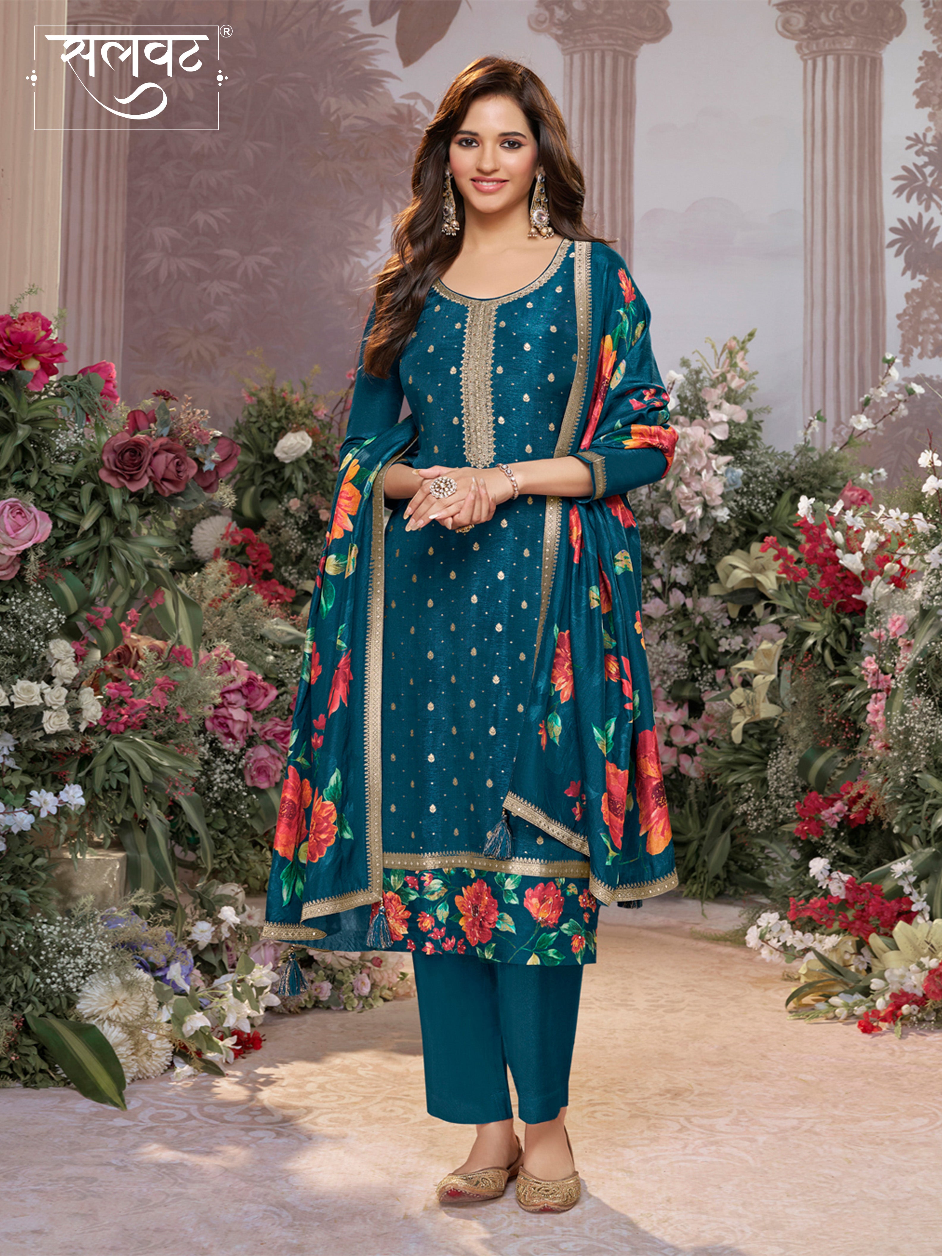 Blue Dola Silk Kurta Set with Jacquard Work, Paired with a Dola Silk Digital Printed Dupatta