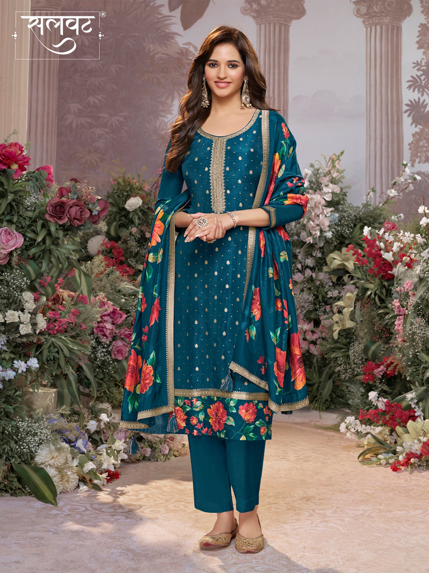 Blue Dola Silk Kurta Set with Jacquard Work, Paired with a Dola Silk Digital Printed Dupatta