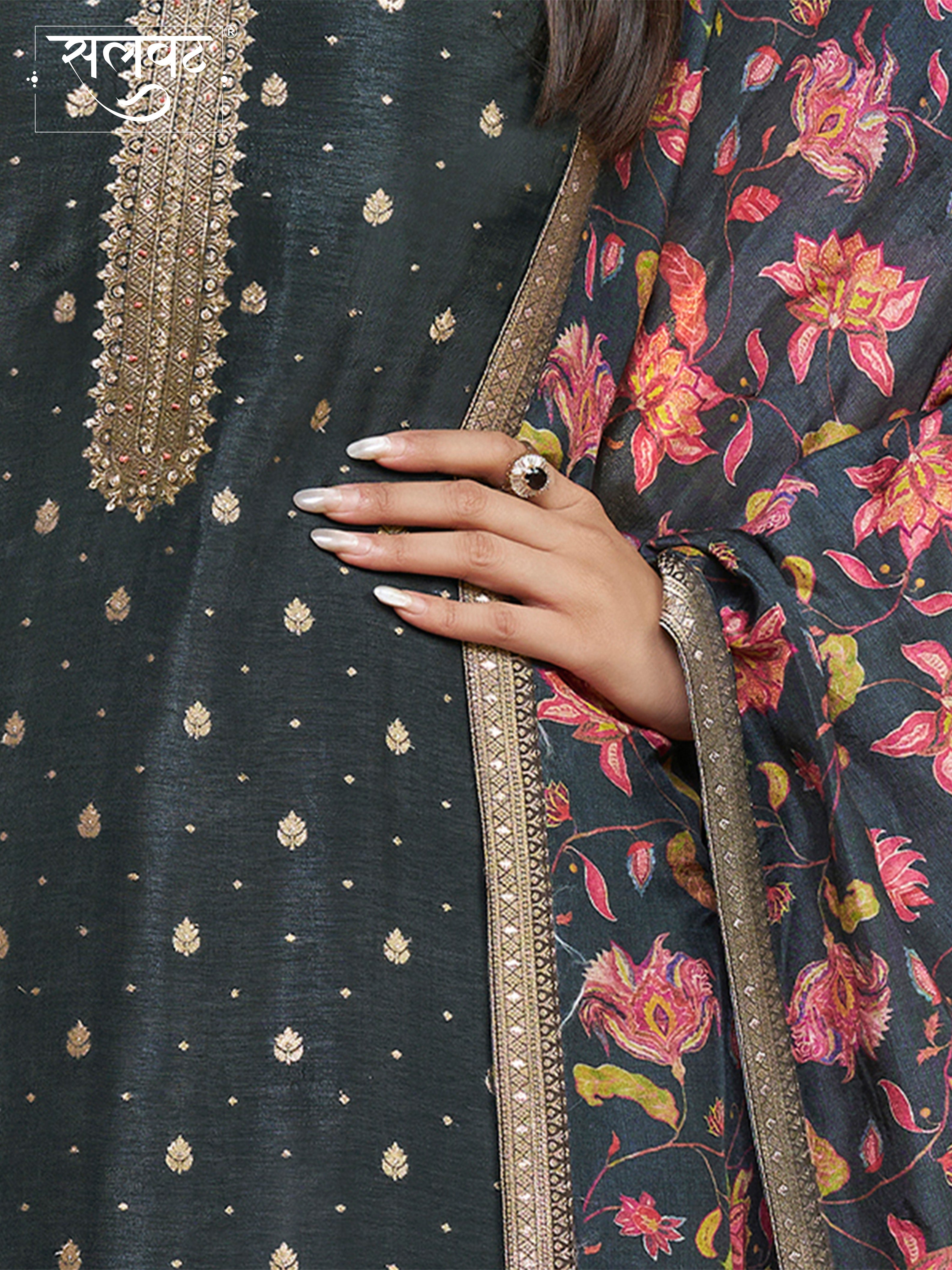 Dark Charcoal Dola Silk Kurta Set with Jacquard Work, Paired with a Dola Silk Digital Printed Dupatta