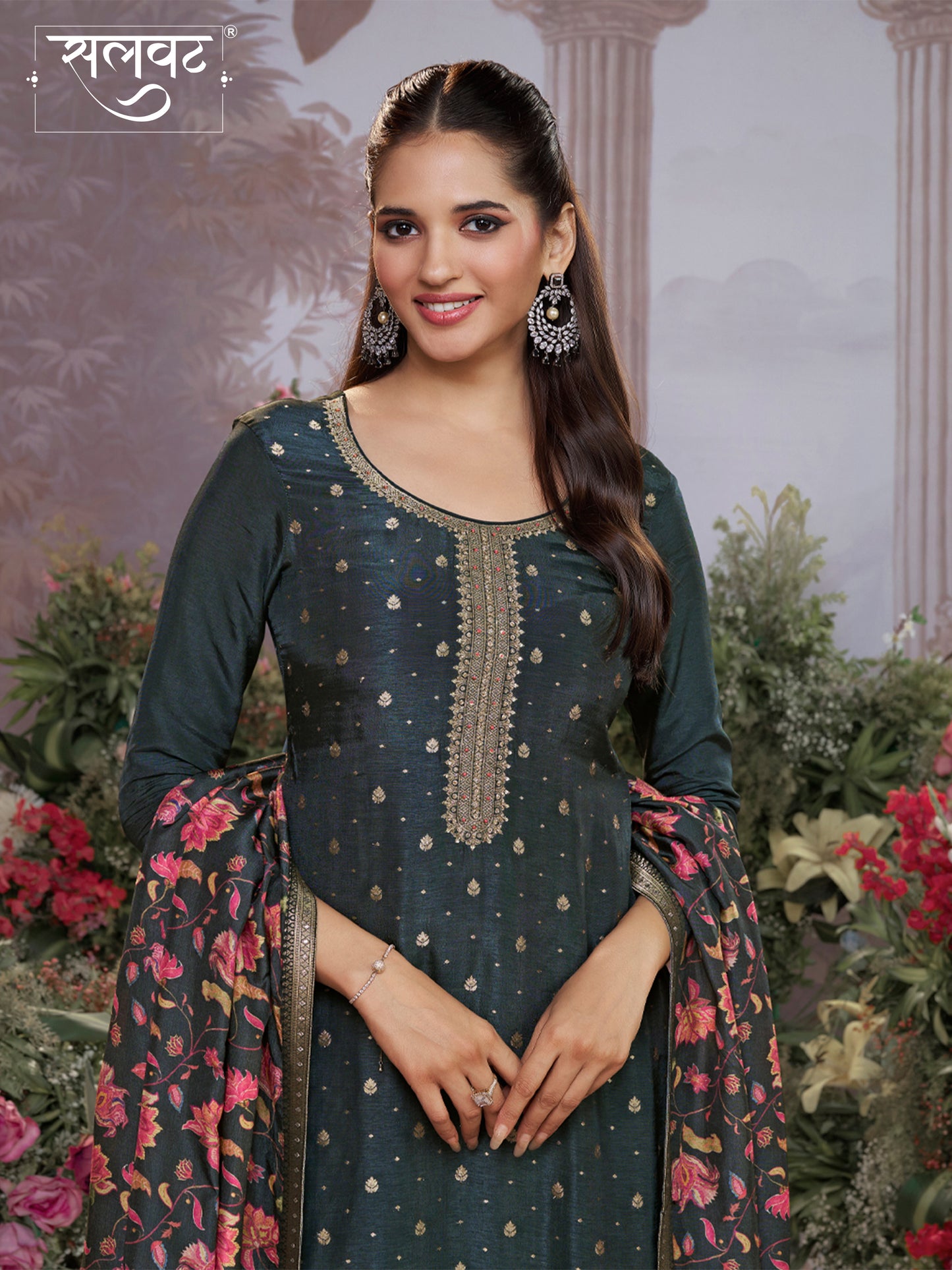 Dark Charcoal Dola Silk Kurta Set with Jacquard Work, Paired with a Dola Silk Digital Printed Dupatta