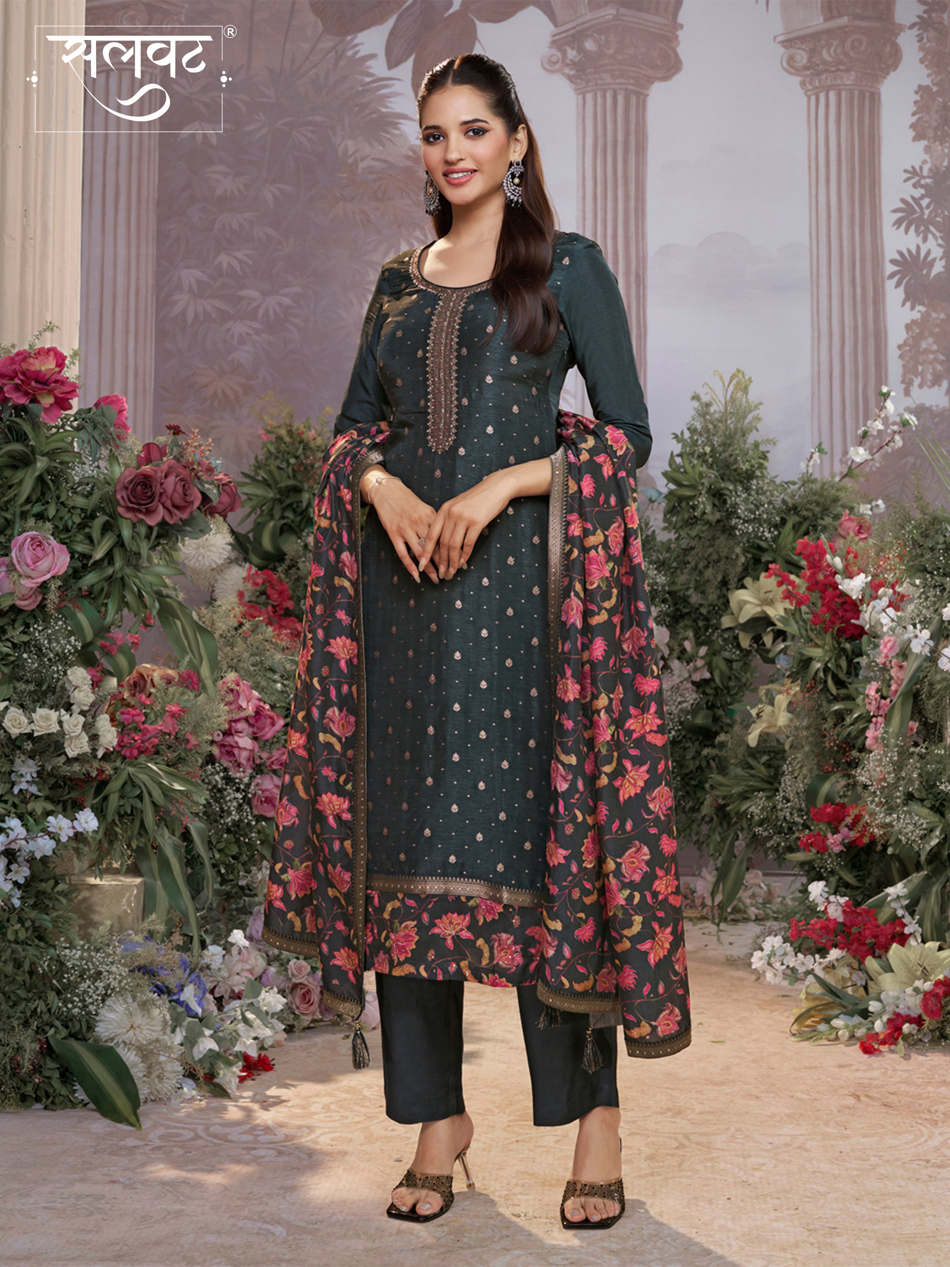 Dark Charcoal Dola Silk Kurta Set with Jacquard Work, Paired with a Dola Silk Digital Printed Dupatta